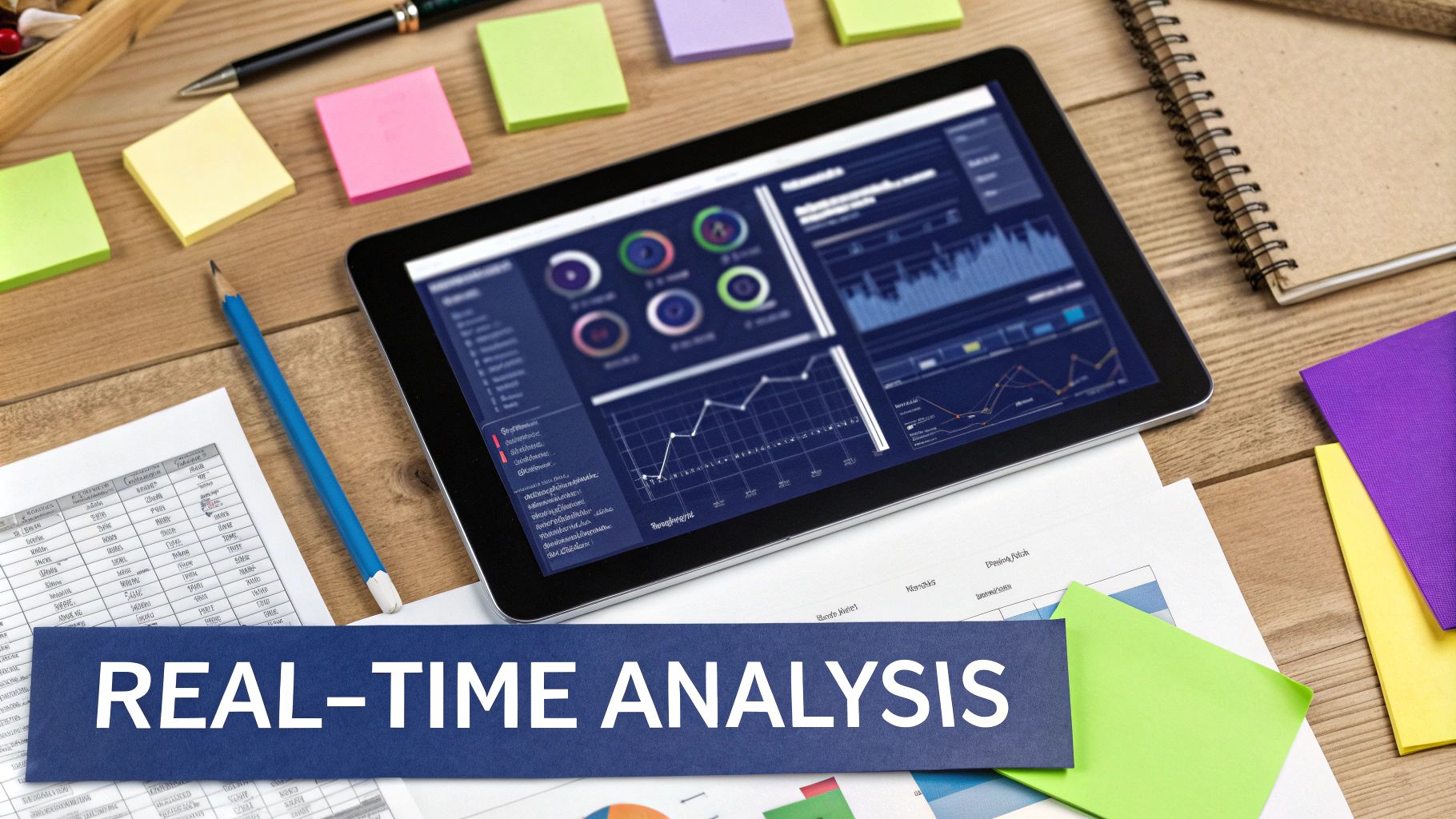 Tablet displaying real-time analytics dashboard with colorful graphs and charts on wooden desk