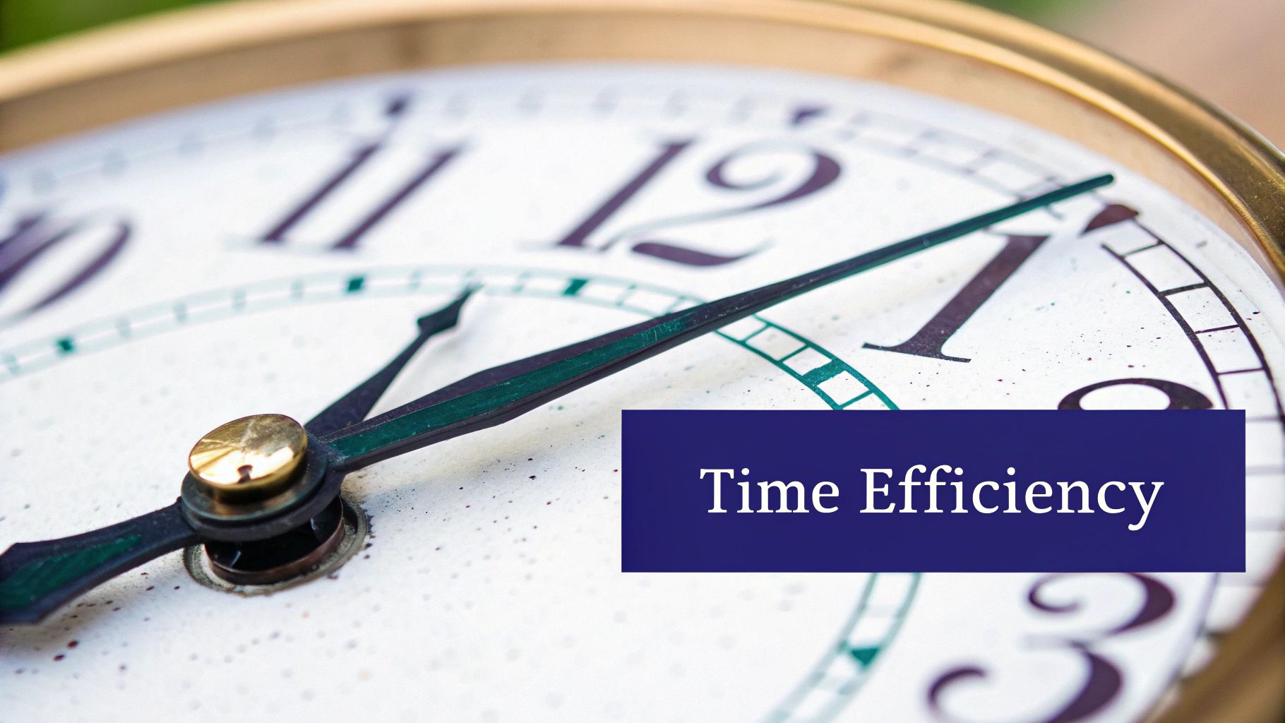 Close-up of analog clock face with hands and "Time Efficiency" text overlay