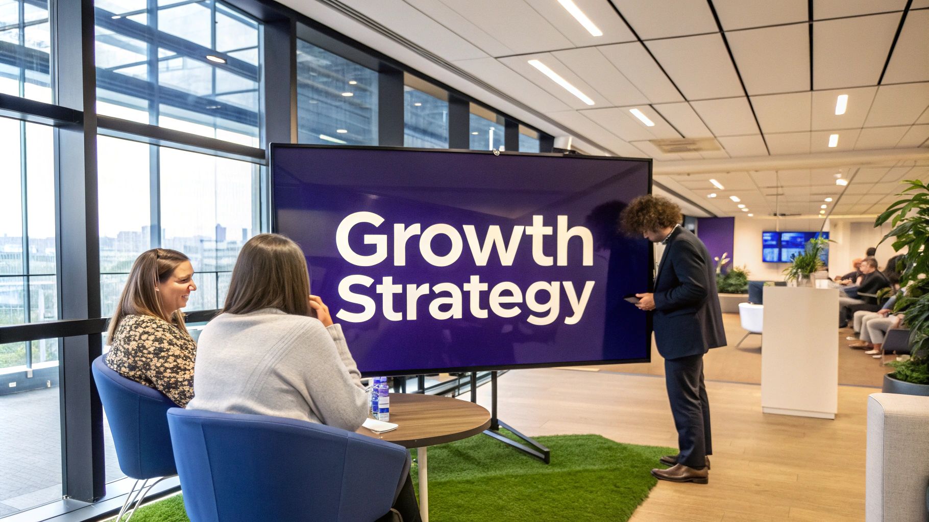 Business team watching "Growth Strategy" presentation on display screen in modern office lounge