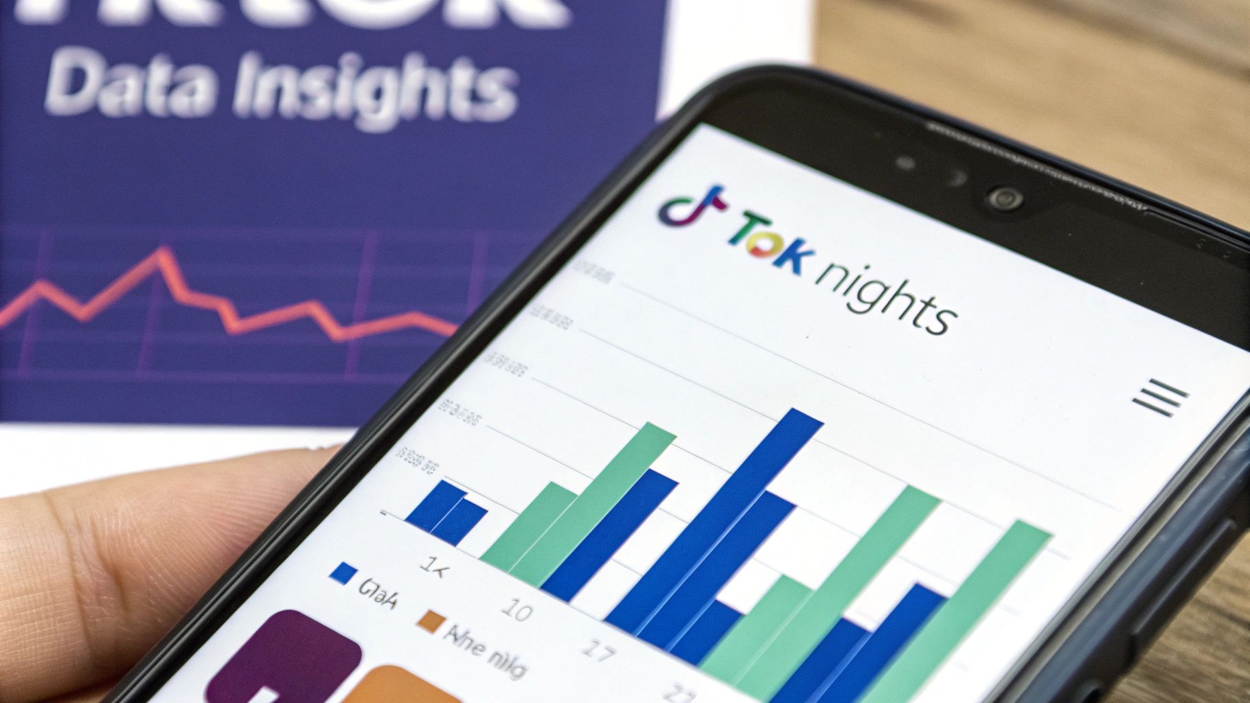 Smartphone displaying TikTok Insights analytics dashboard with bar chart data visualization