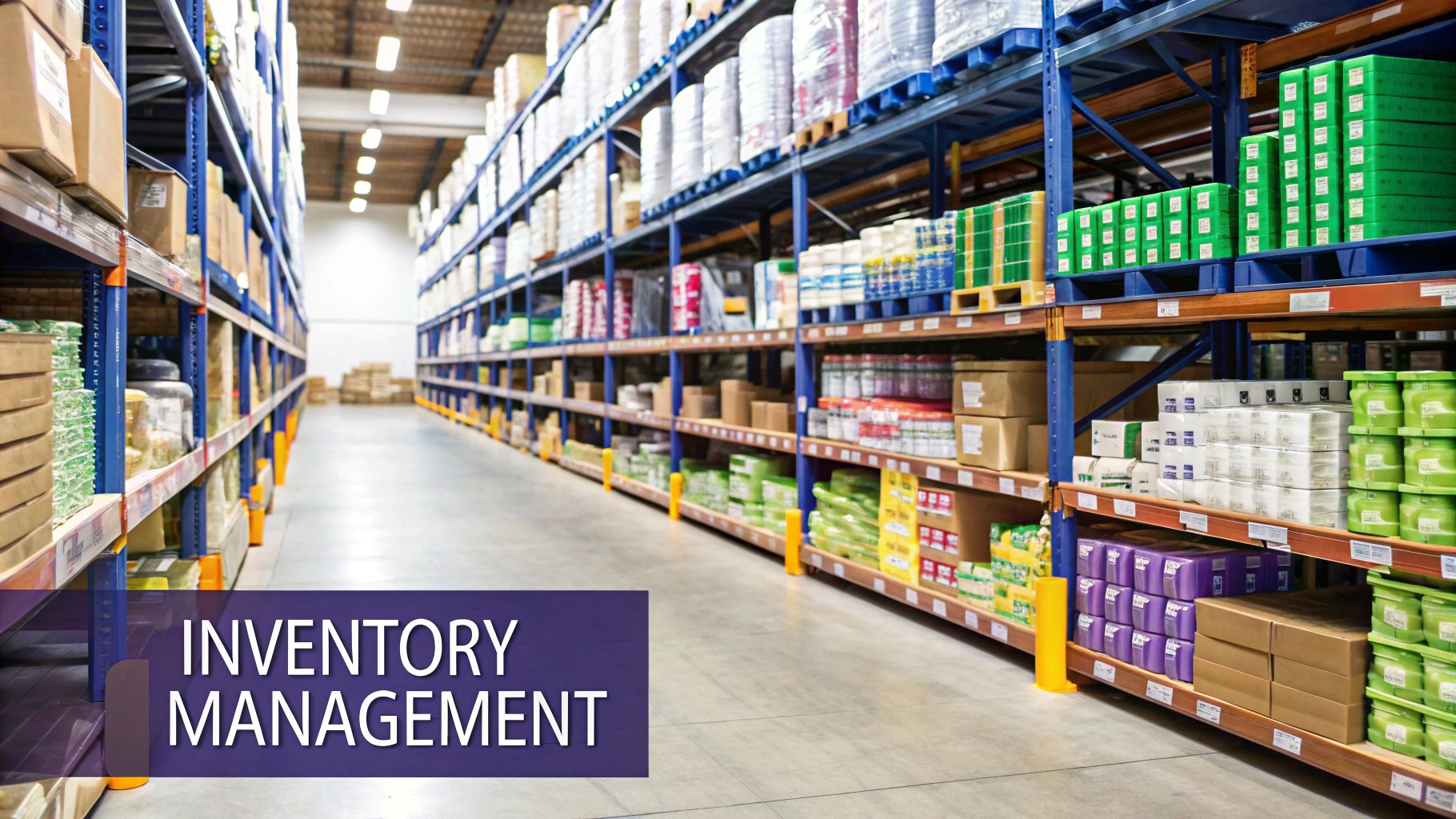 Warehouse aisle with blue shelving racks filled with colorful inventory boxes and packages.
