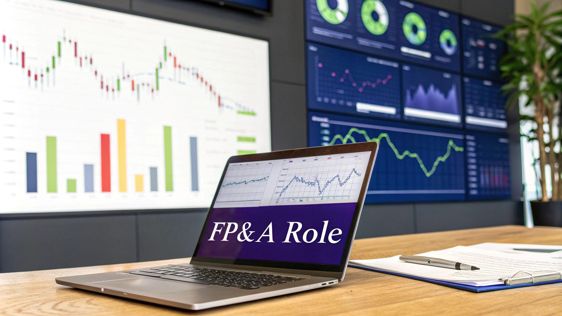 Laptop displaying FP&A Role with financial charts on multiple monitors in background