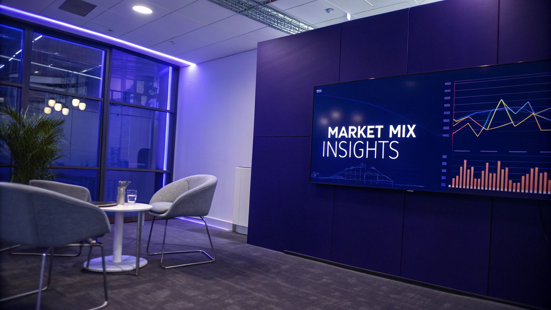Modern office lounge with purple neon lighting, comfortable seating, and large display screen showing Market Mix Insights analytics dashboard with colorful charts and graphs.