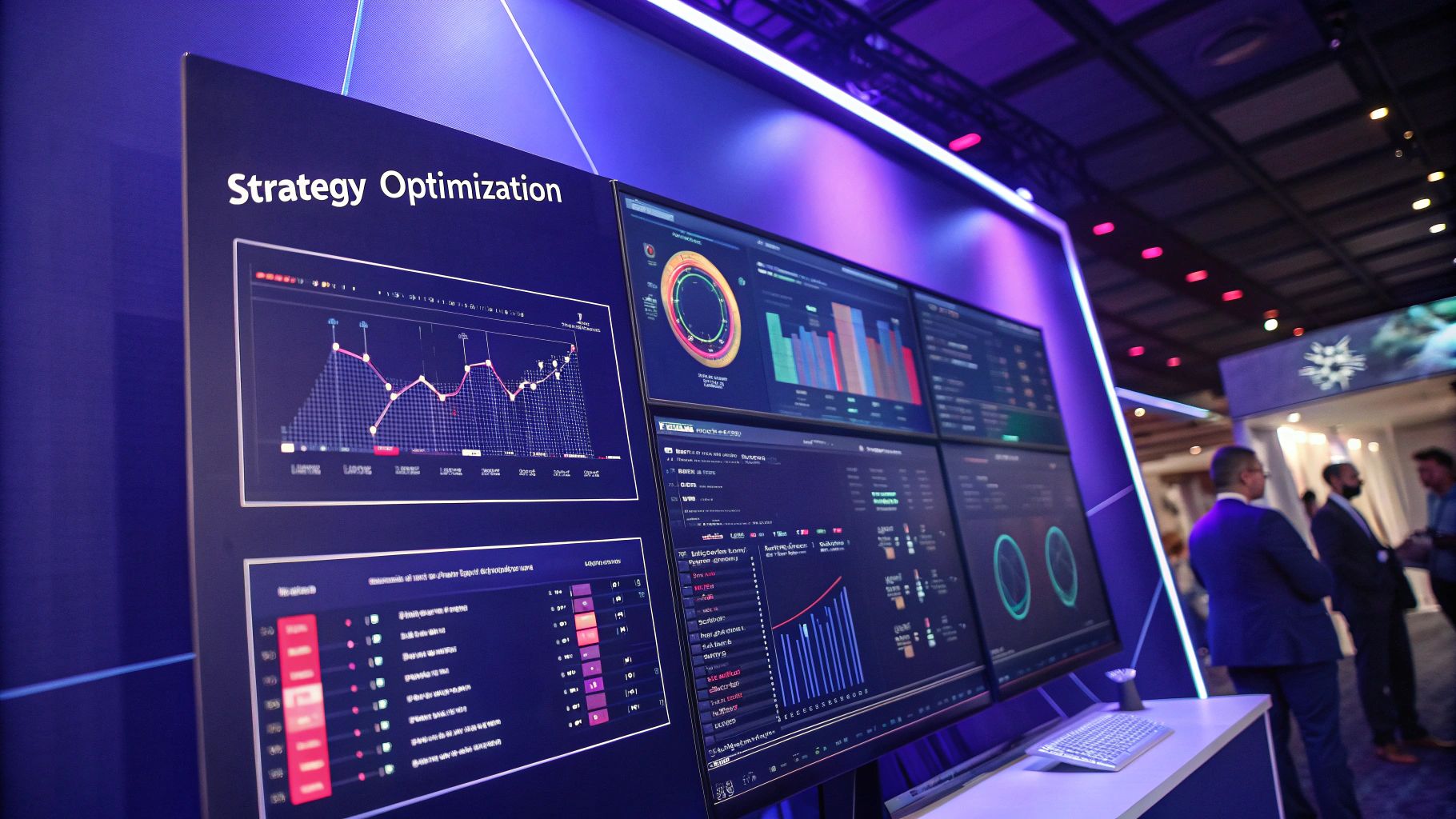 Digital display showing strategy optimization with analytics charts, graphs, and business performance data.