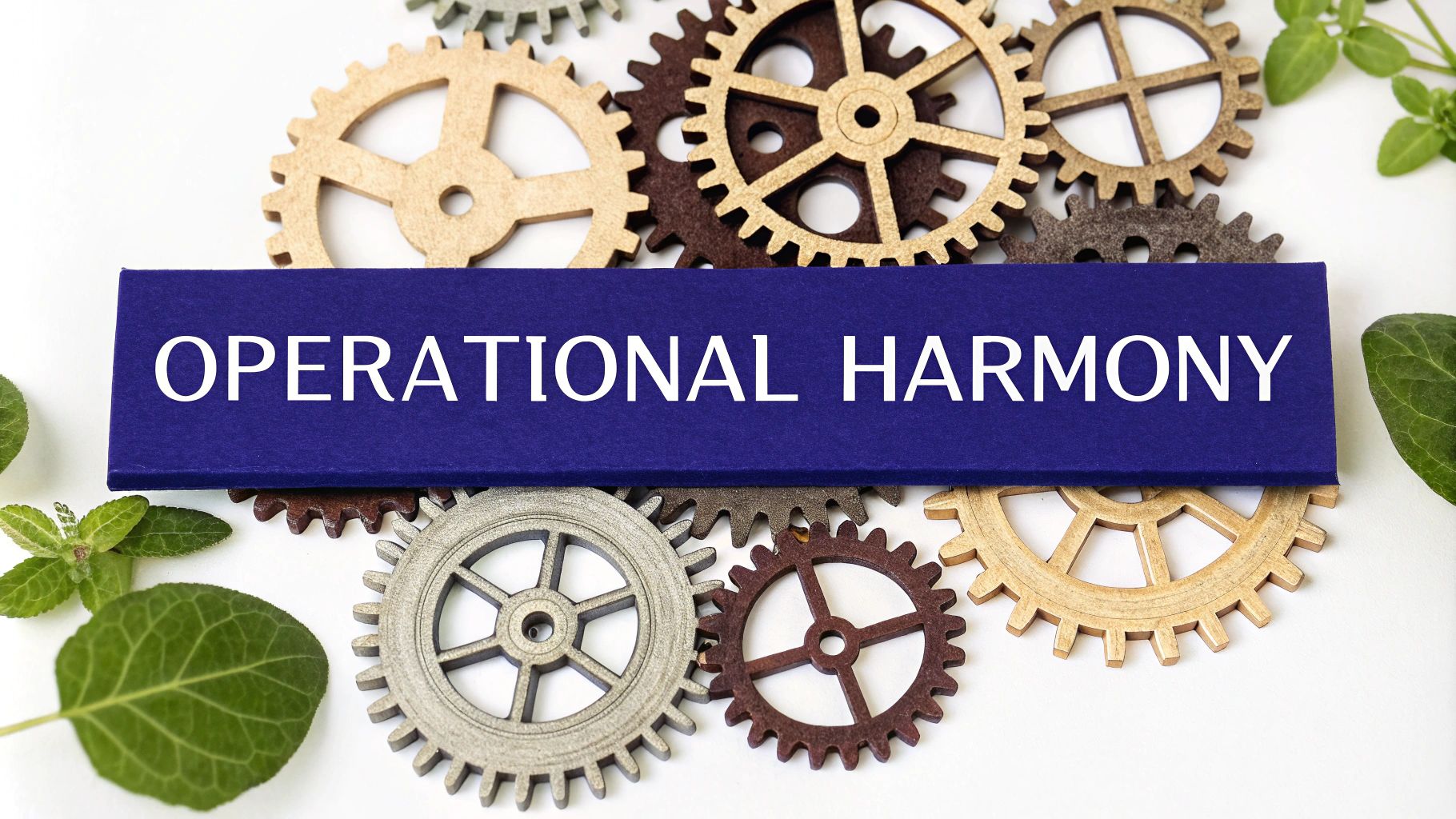 Blue banner with "Operational Harmony" text surrounded by decorative gears and green leaves.