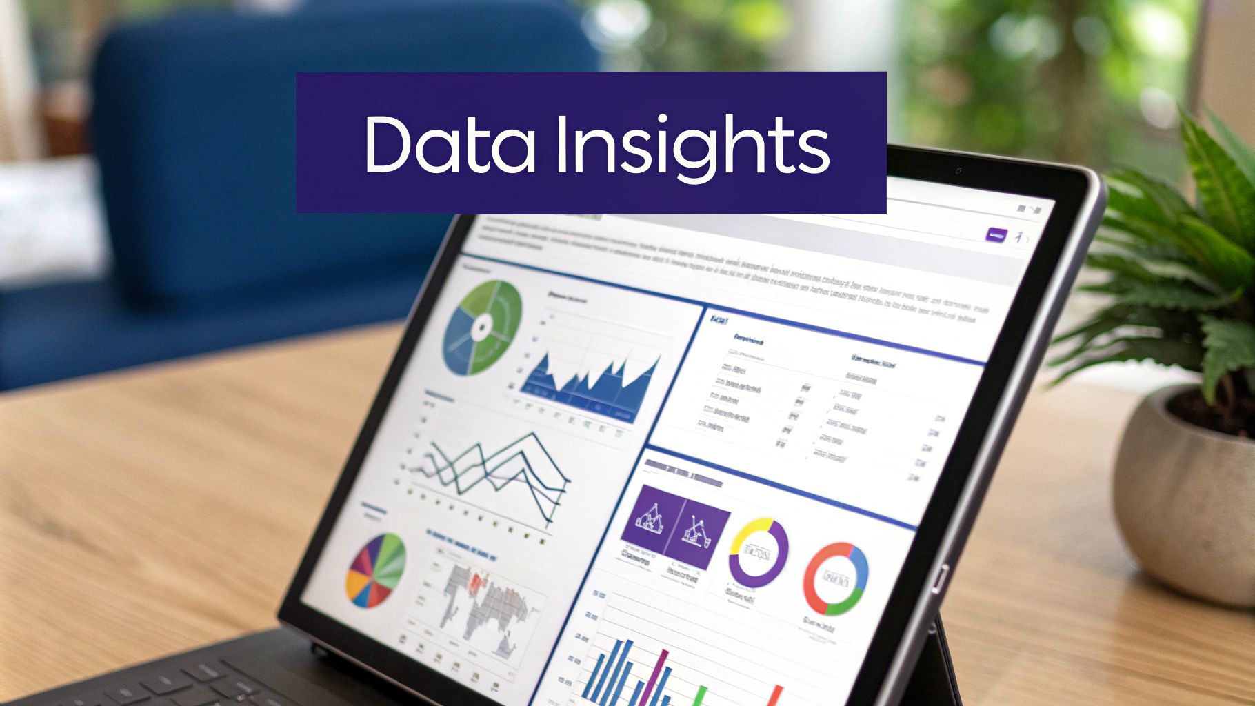 Tablet displaying "Data Insights" with various analytics charts, graphs, and business metrics dashboard