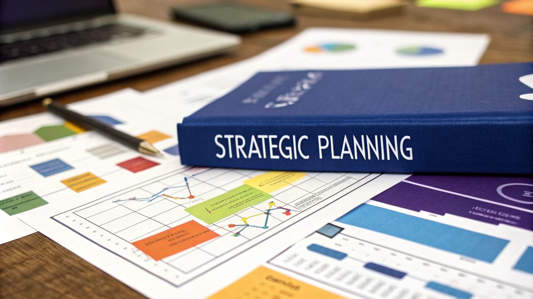 Blue Strategic Planning book on desk with business charts, graphs, and laptop