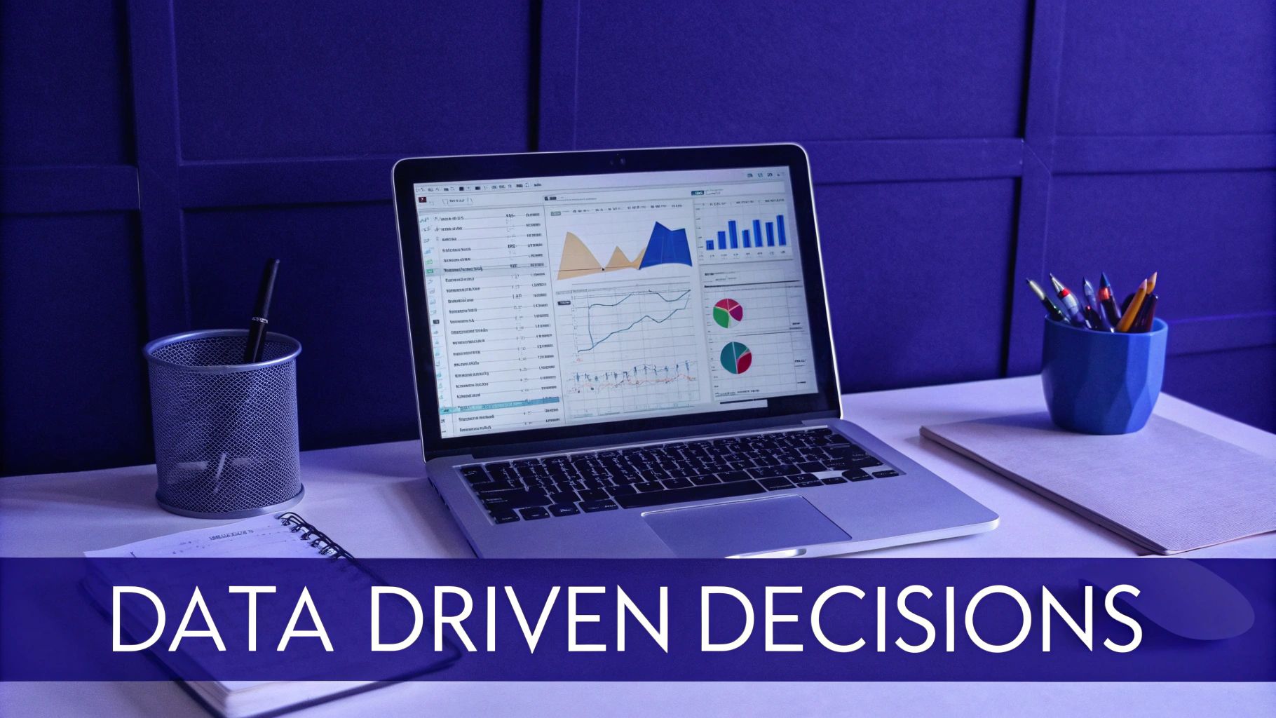 Laptop displaying analytics dashboards and charts on desk with text "Data Driven Decisions"