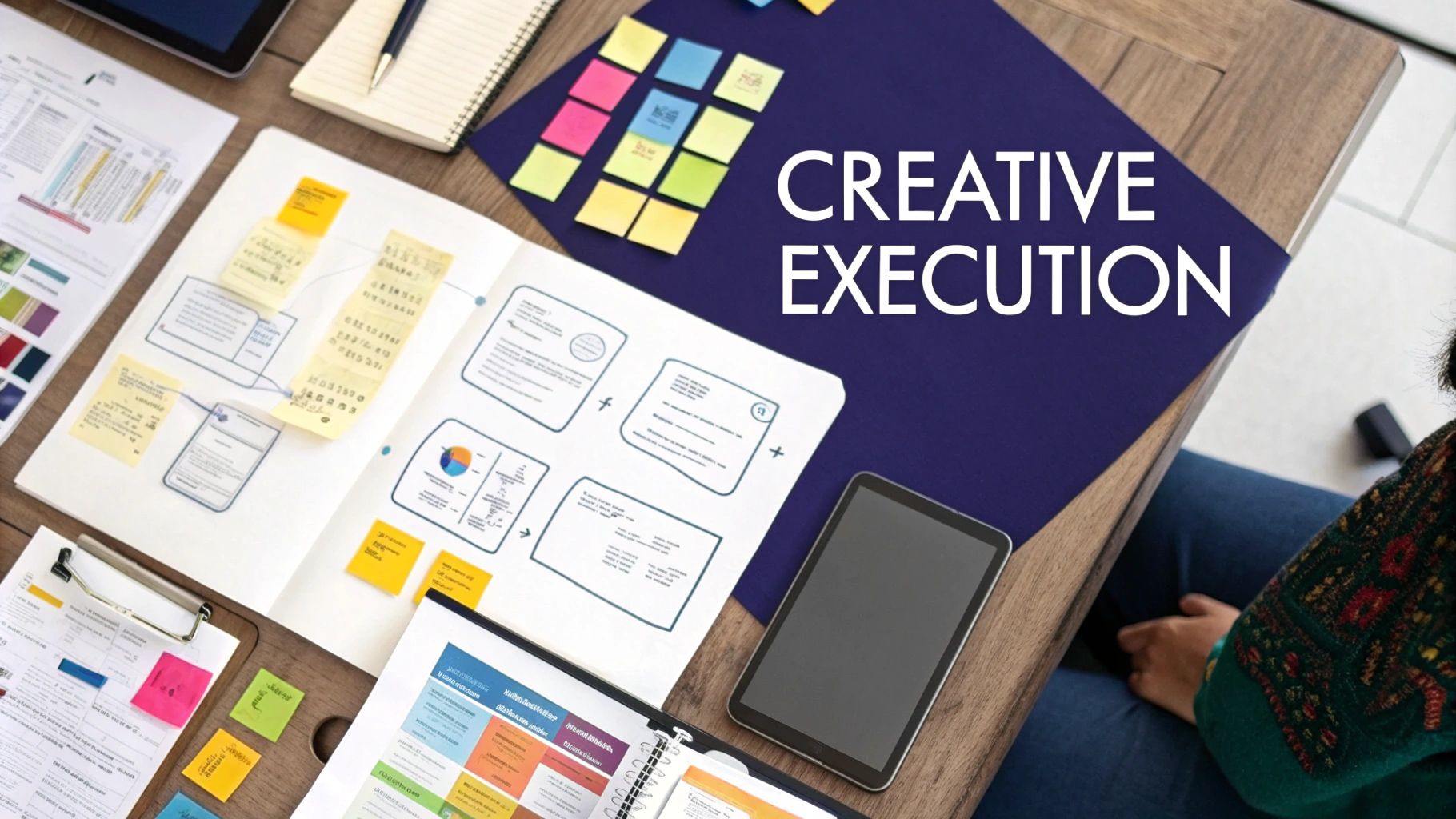 Creative execution workspace with sketches, sticky notes, tablet, and design documents on desk.