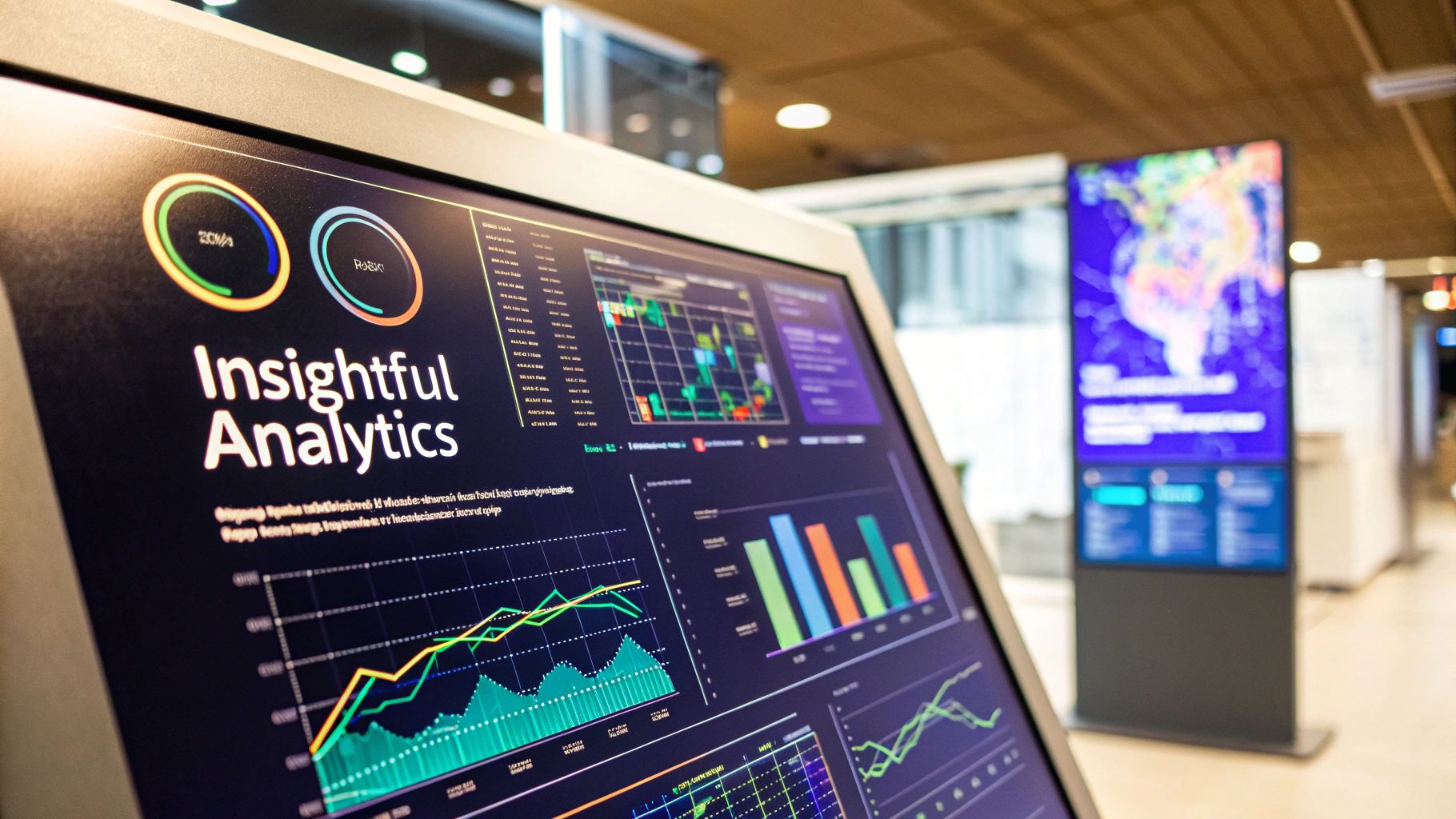 Interactive display screen showing "Insightful Analytics" with colorful data charts and graphs