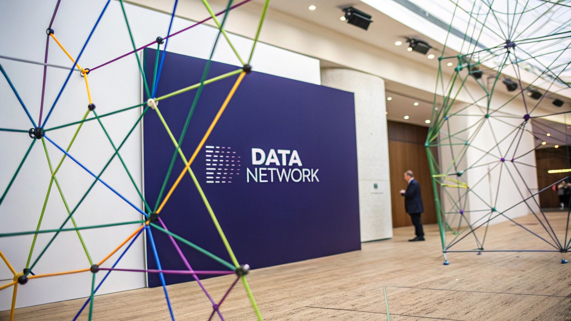 Colorful network structure installation with "Data Network" sign in modern lobby space.