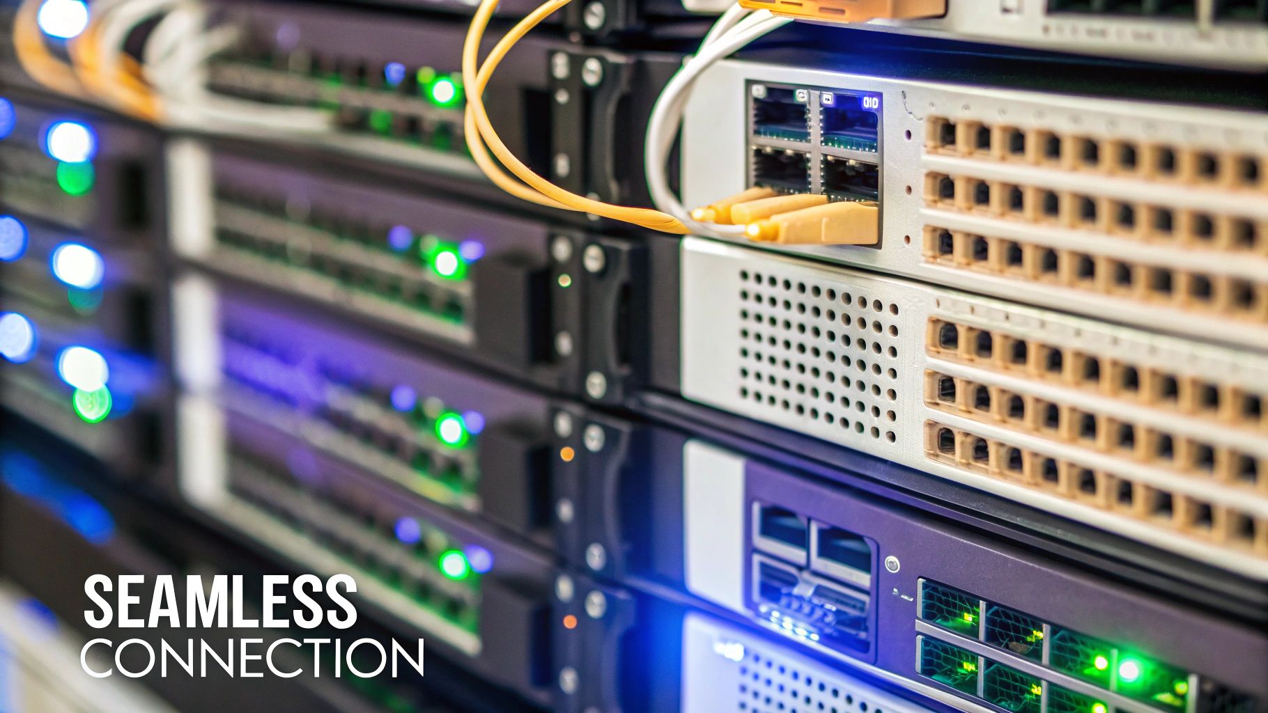 Server rack with network equipment, cables, and blinking indicator lights displaying seamless connection.