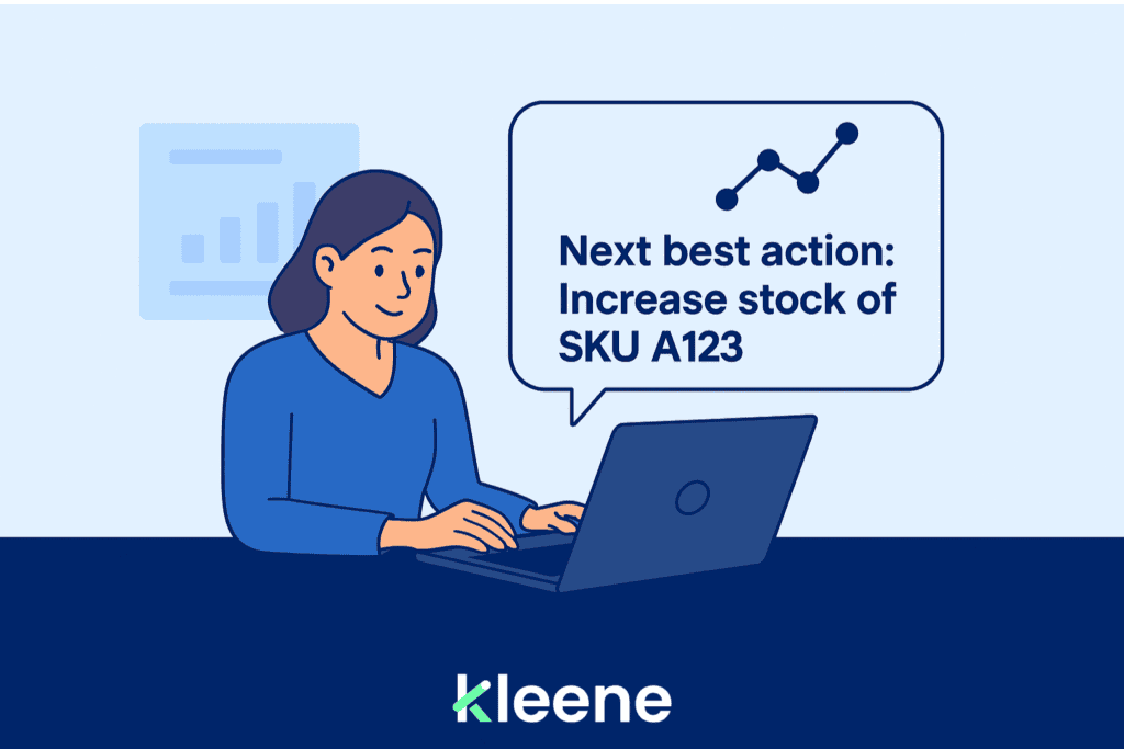 Woman at laptop receiving recommendation to increase stock of SKU A123