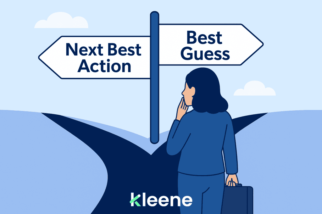 Woman standing at signpost reading "Next Best Action" and "Best Guess" considering options