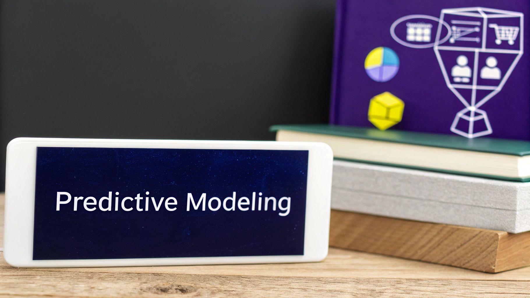 Smartphone displaying "Predictive Modeling" text with data analytics icons in background
