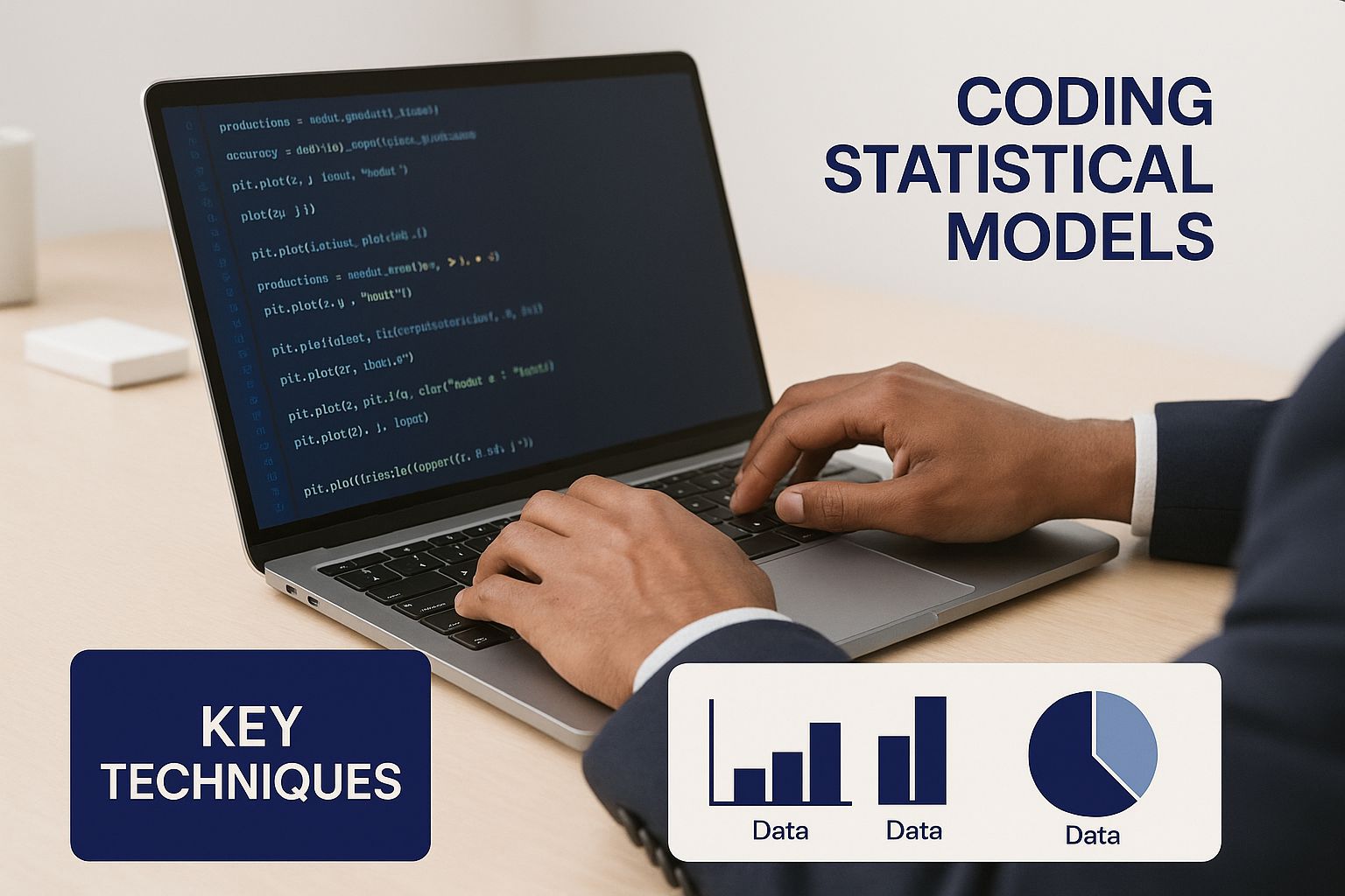 Person typing Python code for statistical models on laptop with data visualization icons displayed