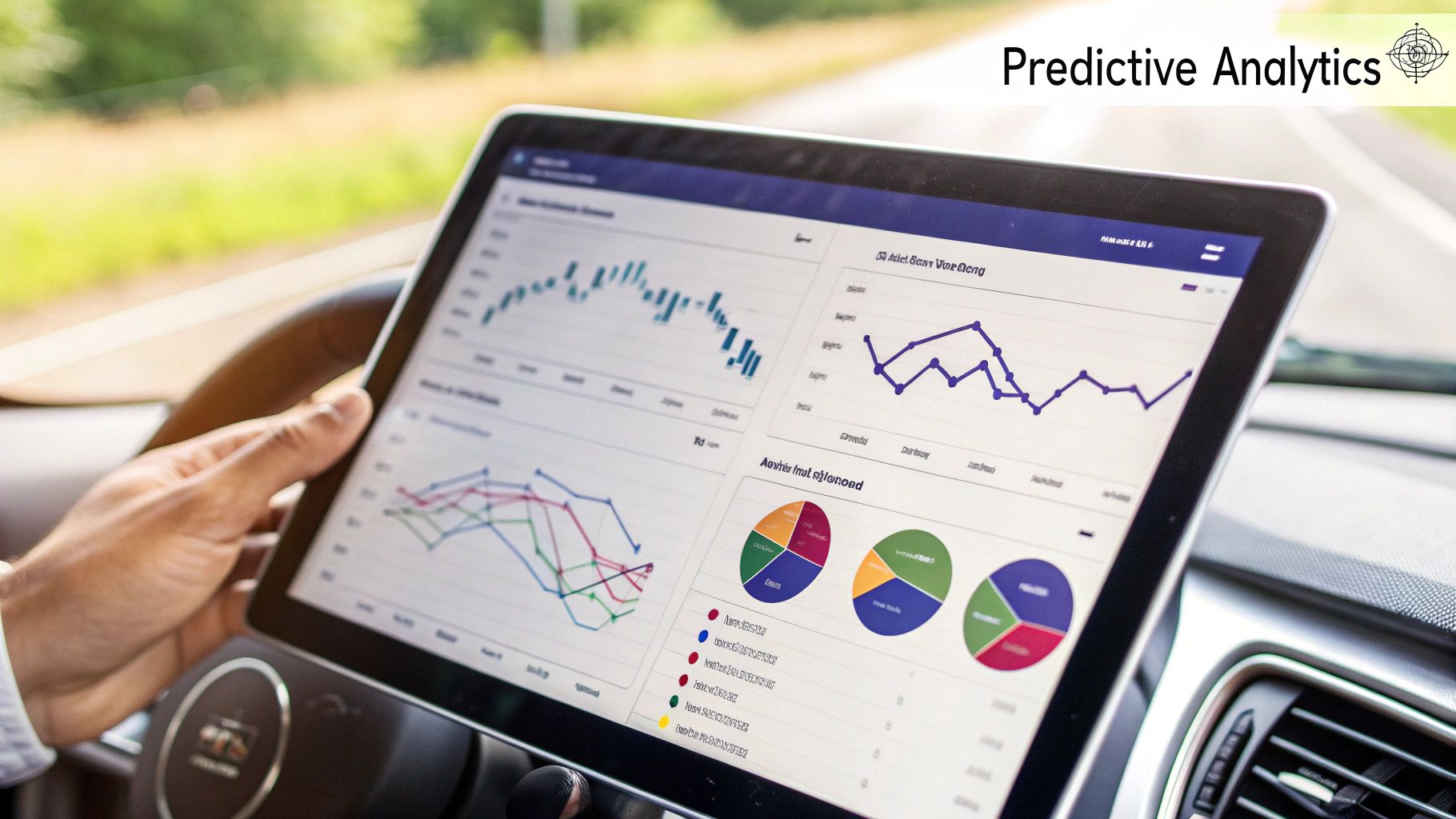 Person holding tablet displaying predictive analytics dashboard with charts, graphs, and pie diagrams