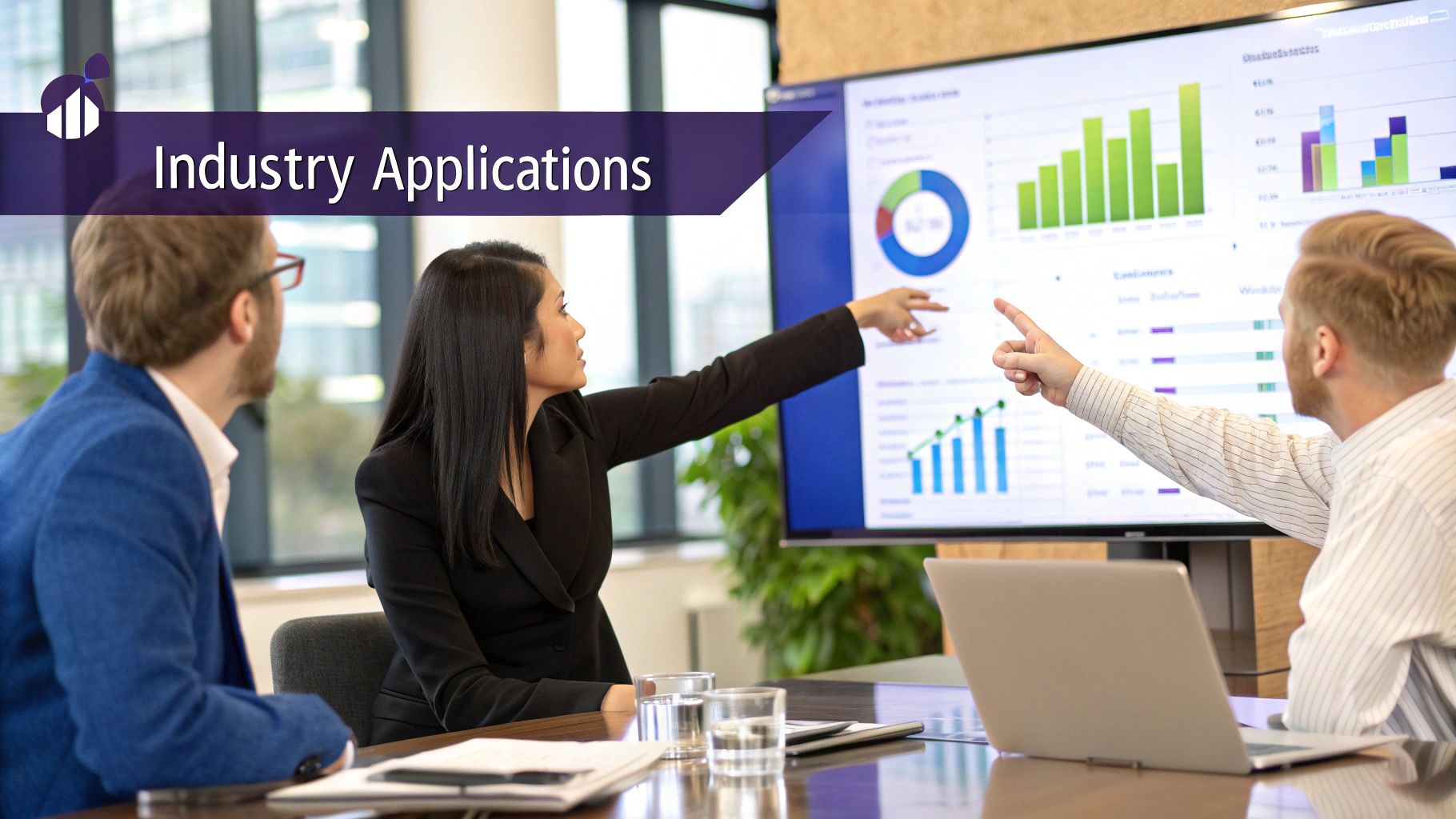Business professionals discussing data analytics with charts on display screen