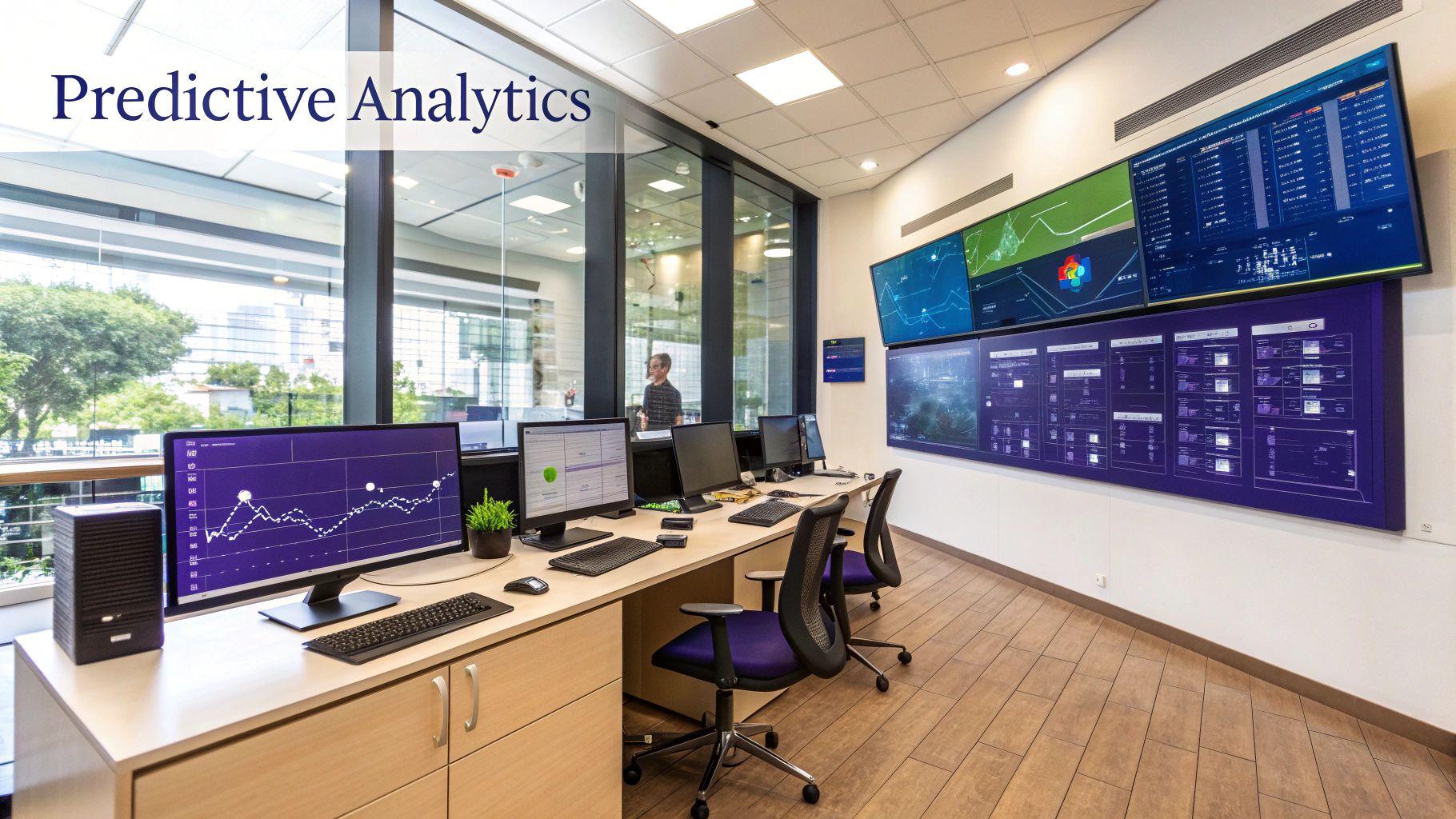 Modern predictive analytics office with computer workstations displaying data visualizations and graphs.