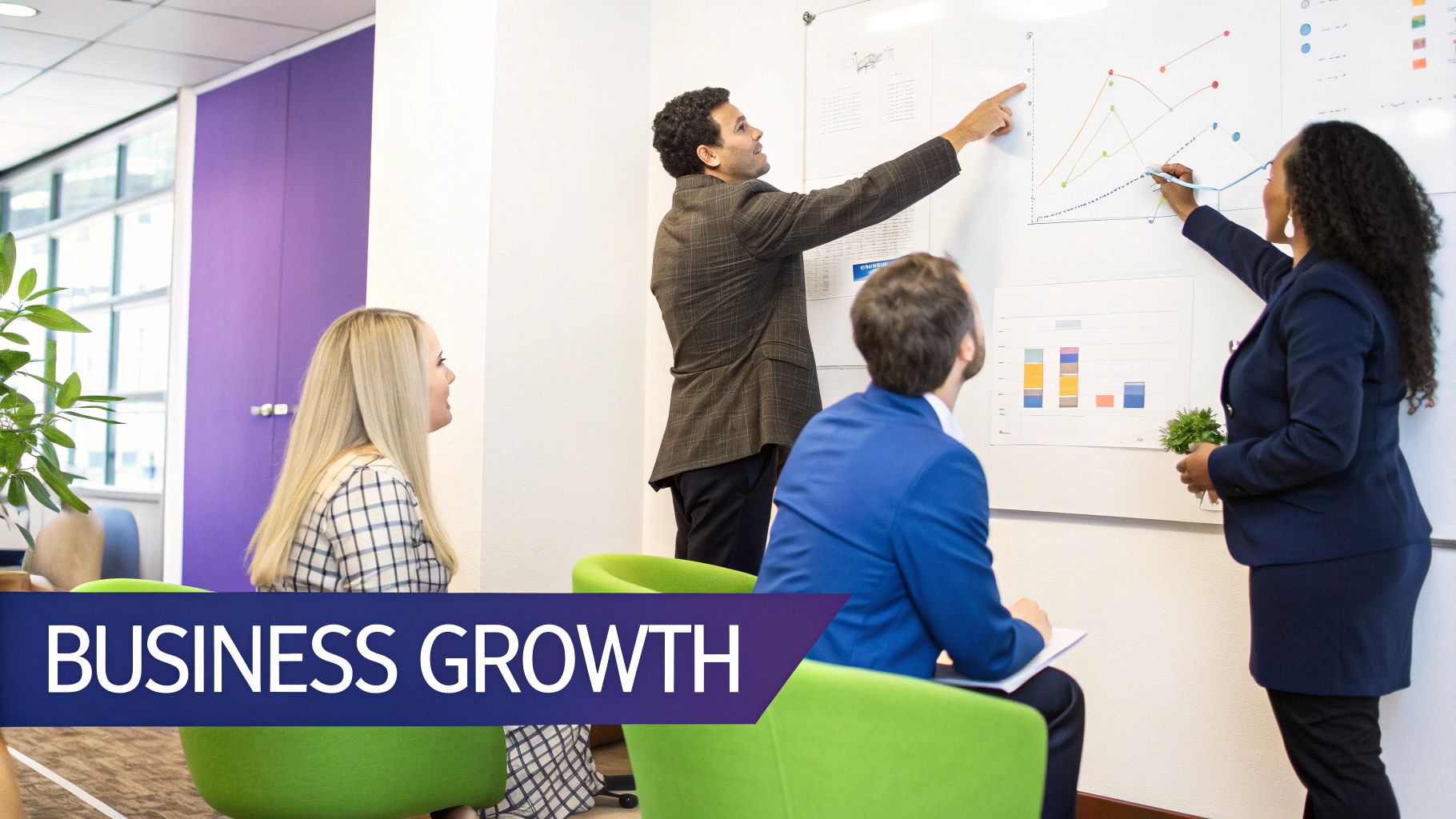 Business team reviewing growth charts and data on whiteboard during office meeting