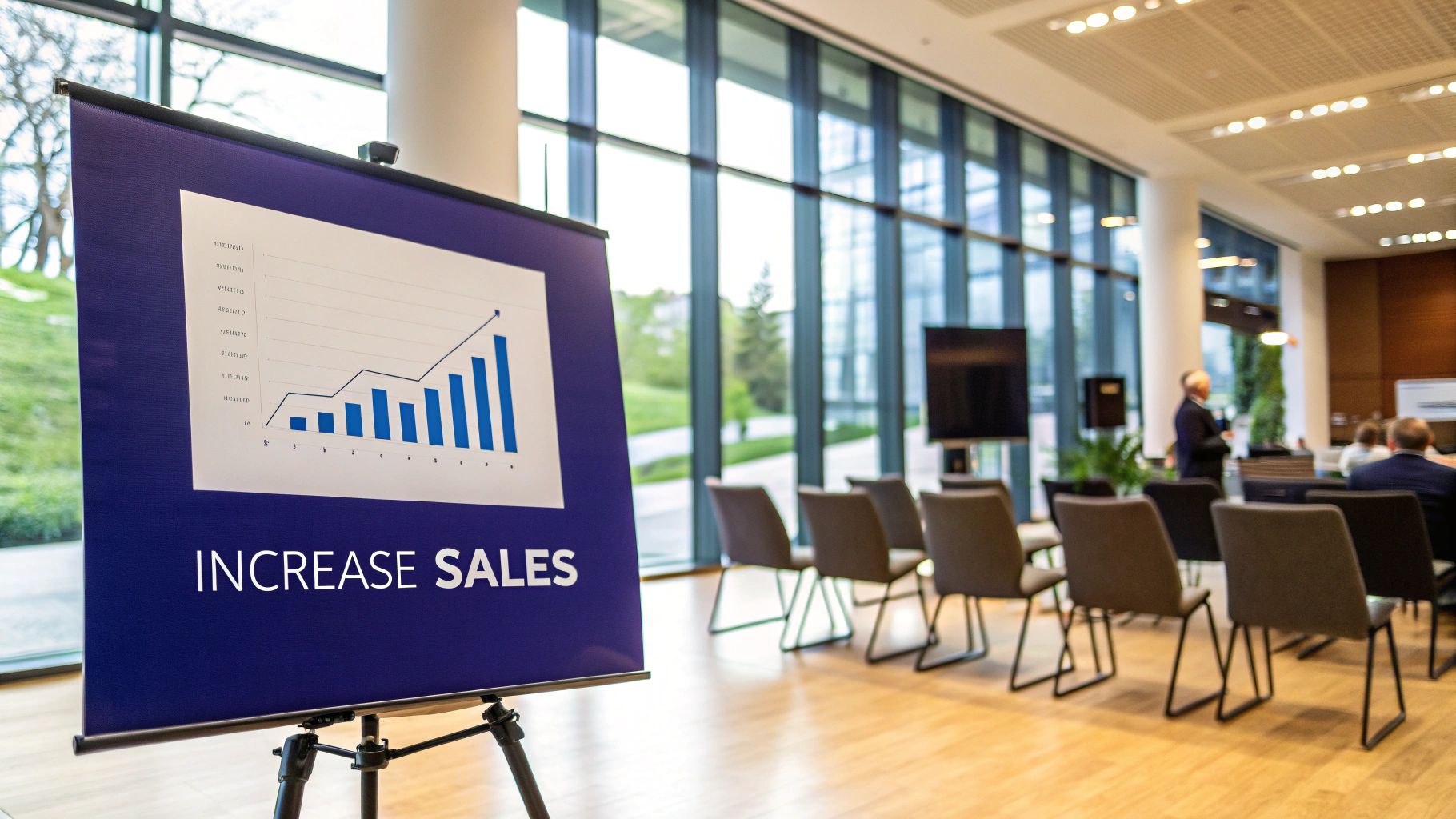 Presentation screen displaying "Increase Sales" with upward trending blue bar chart in modern office conference room.