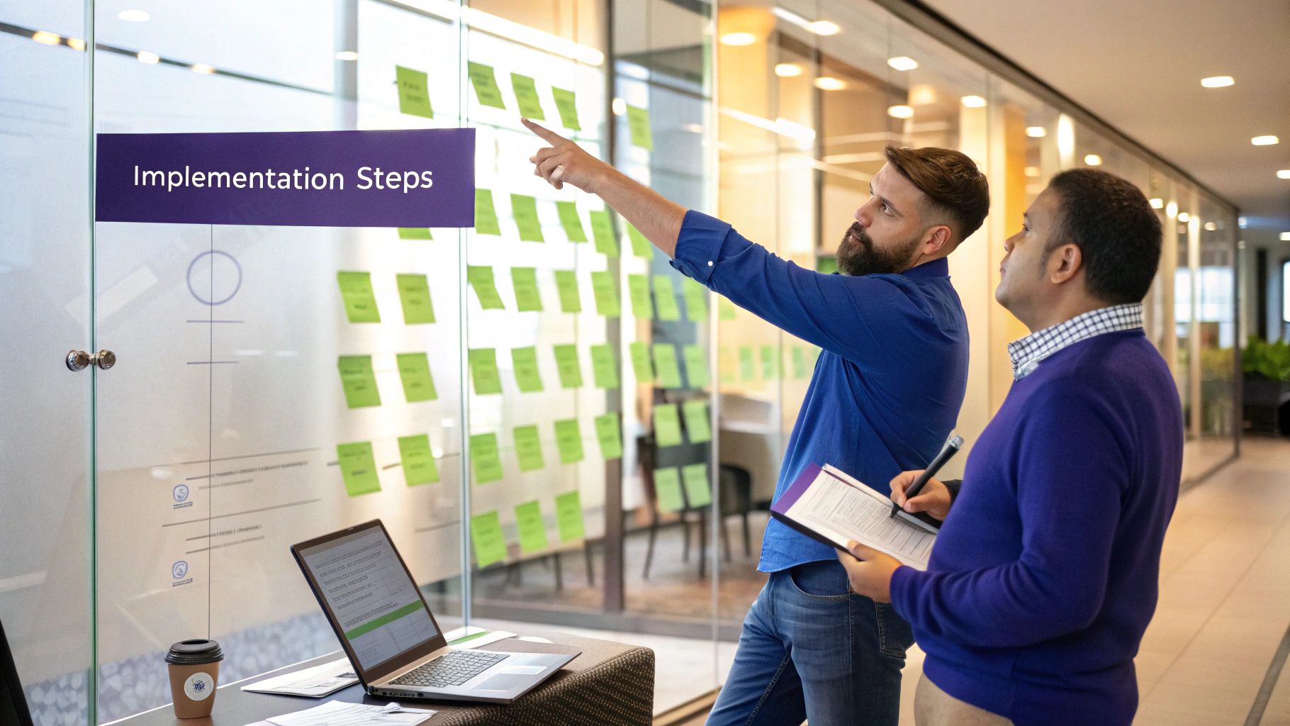 Two professionals review implementation steps on glass board with green sticky notes in office.