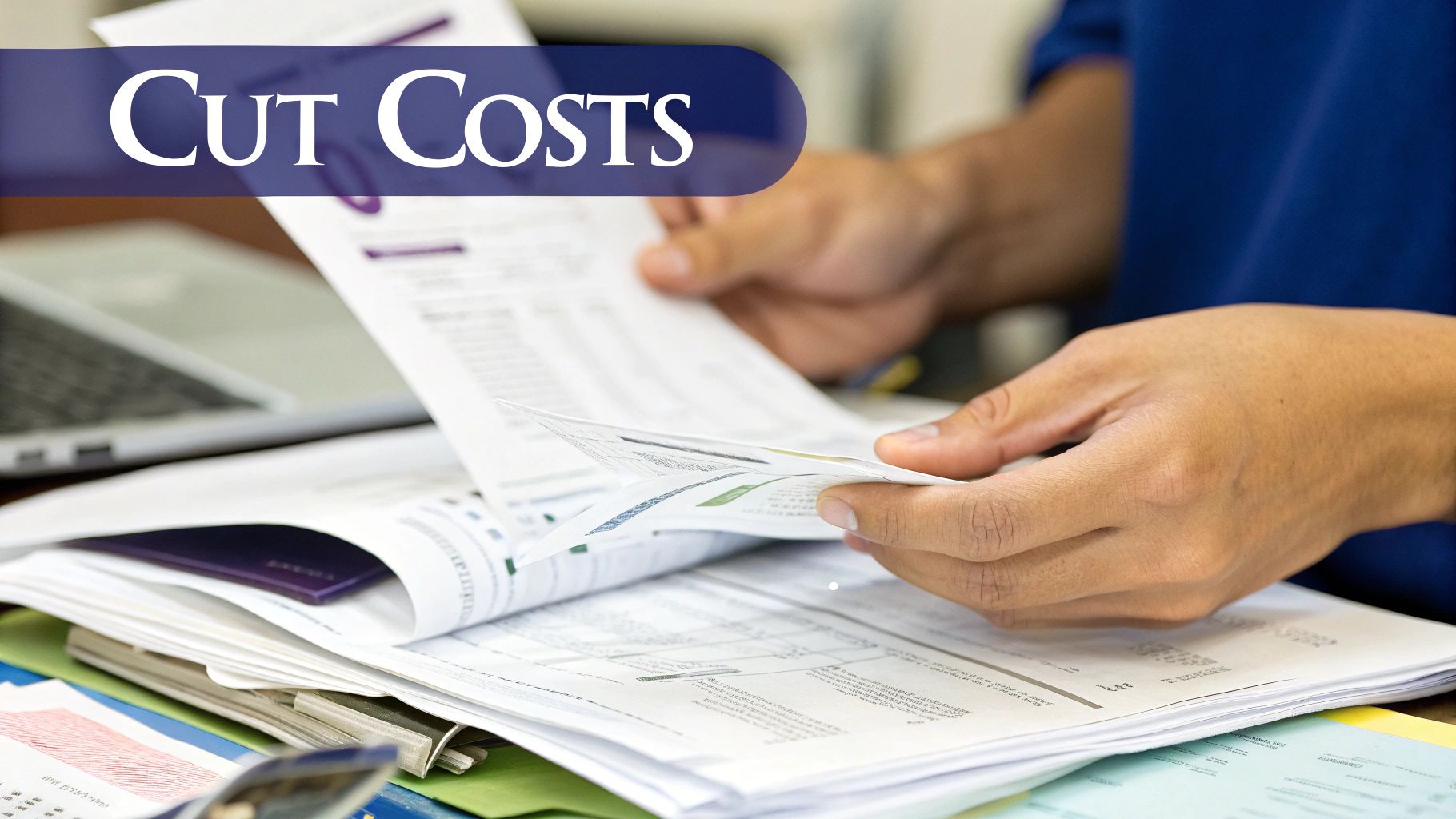 Business professionals review financial documents and reports at desk to reduce expenses