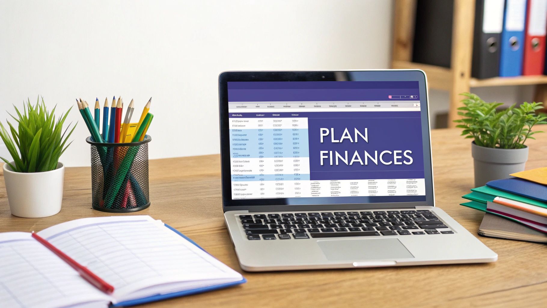 Laptop displaying financial planning spreadsheet on desk with plants and office supplies