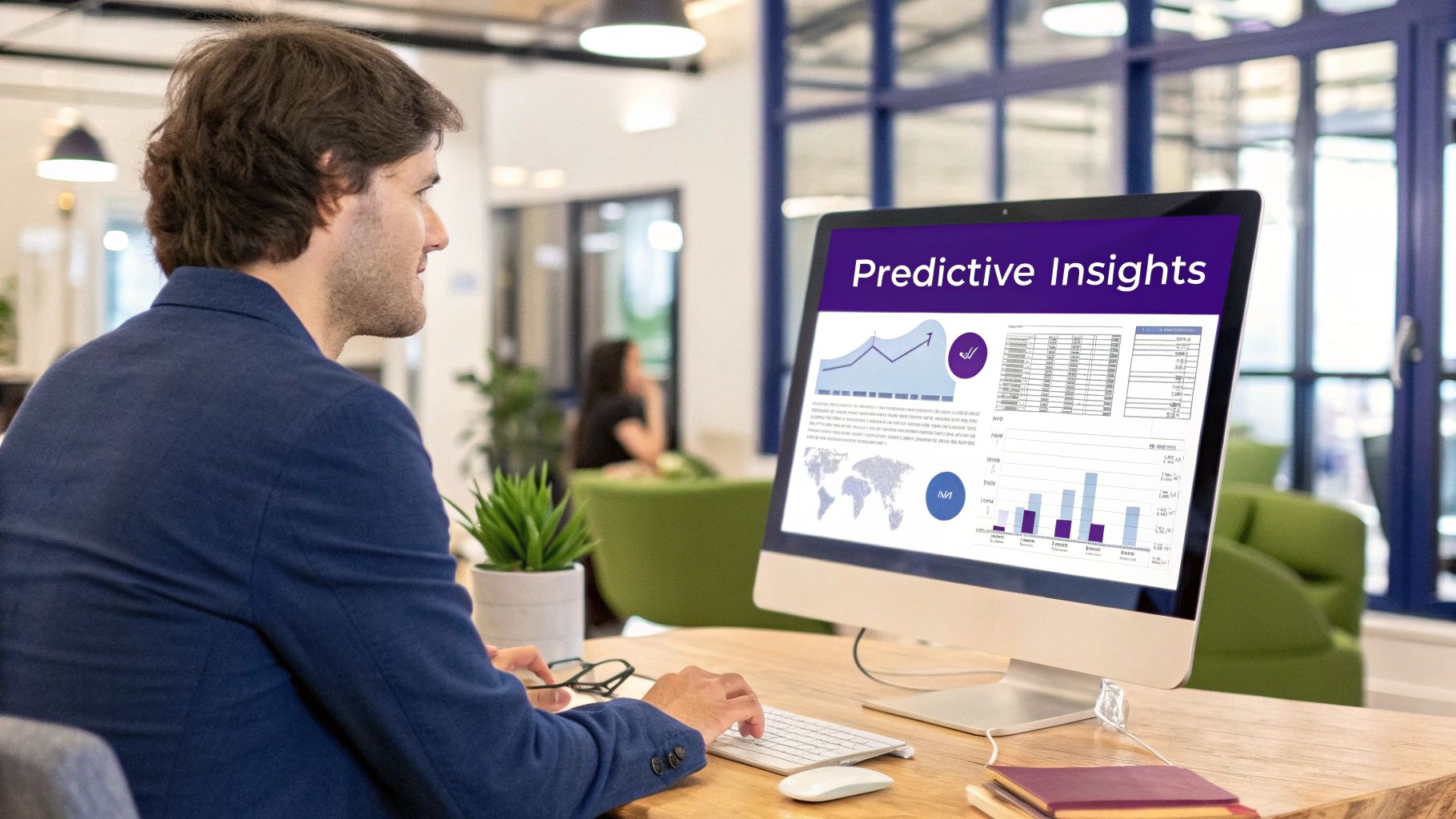 Man viewing predictive insights dashboard with charts, graphs, and data analytics on computer monitor
