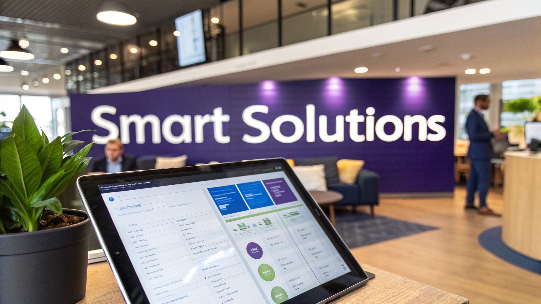 Tablet displaying dashboard in front of purple "Smart Solutions" sign in modern office