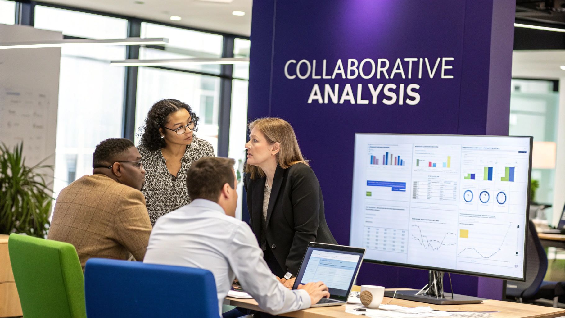 Four professionals collaborate around a display analyzing data charts in a modern office workspace.