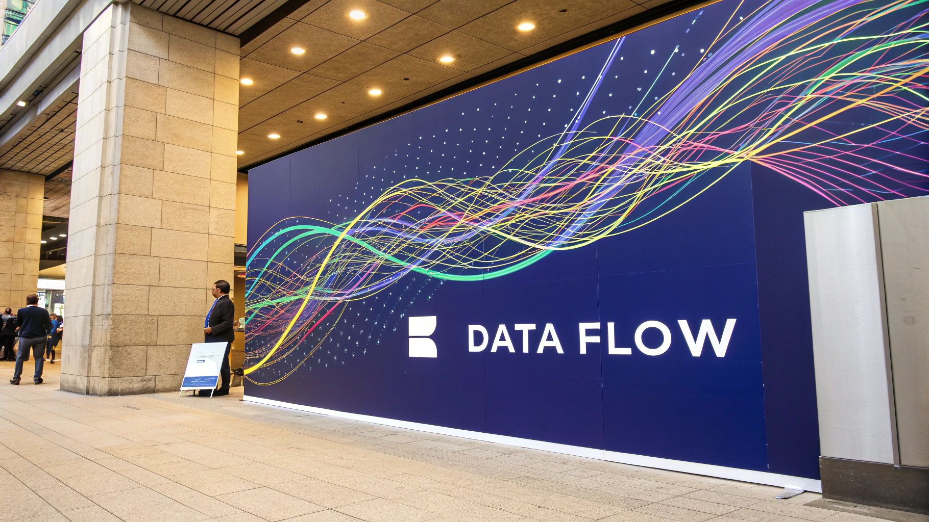 Modern digital billboard displaying "DATA FLOW" with colorful flowing lines on dark blue background in indoor corridor.