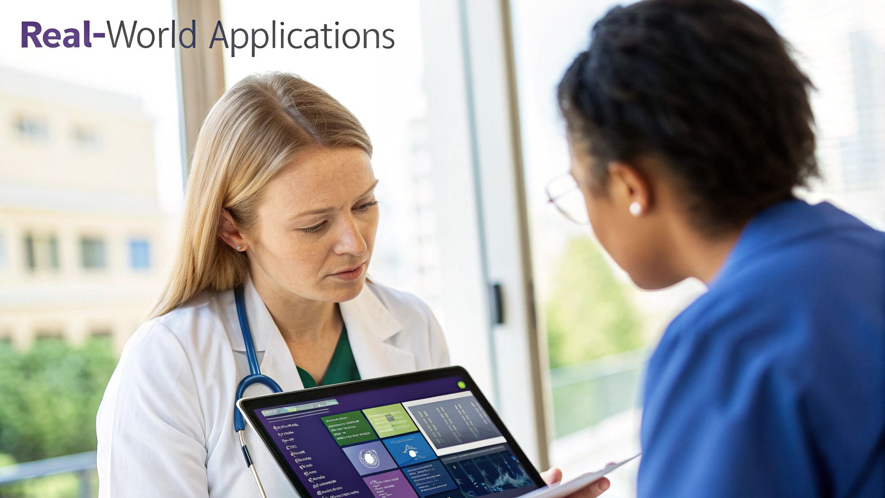 Doctor and patient reviewing medical data on tablet in hospital office with city view