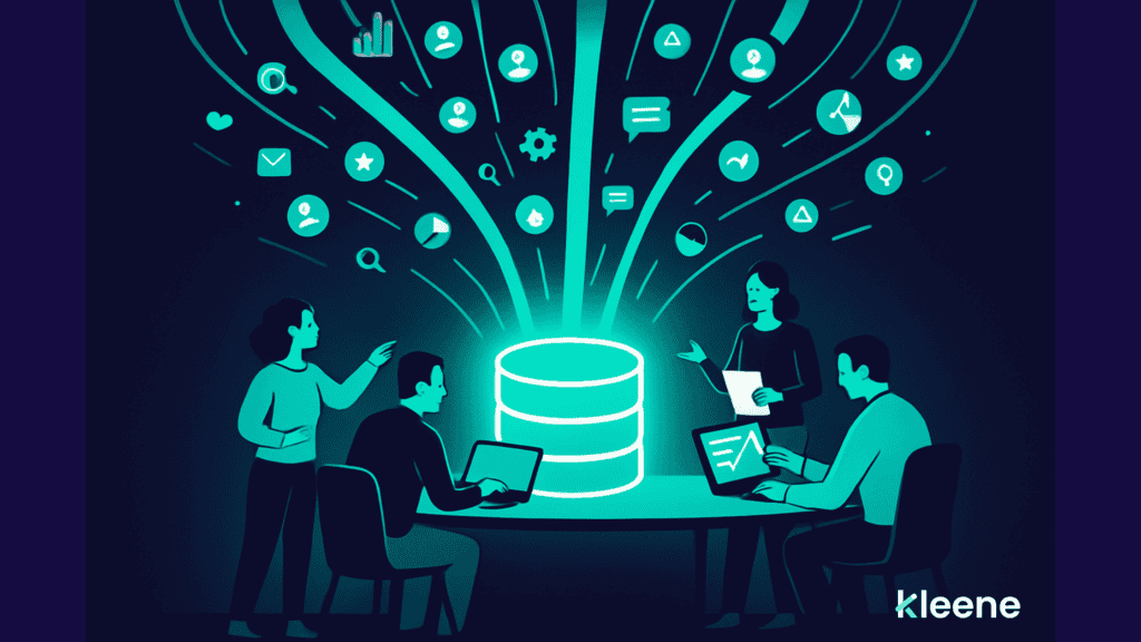 Team collaborating around glowing database with analytics and data icons radiating outward