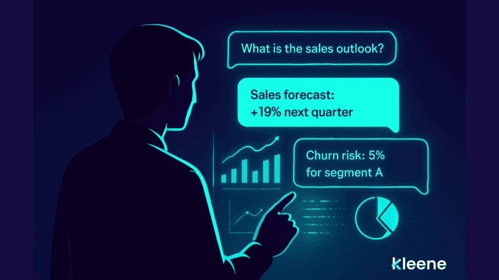 AI assistant displaying sales forecast data and business analytics with neon graphics on dark background