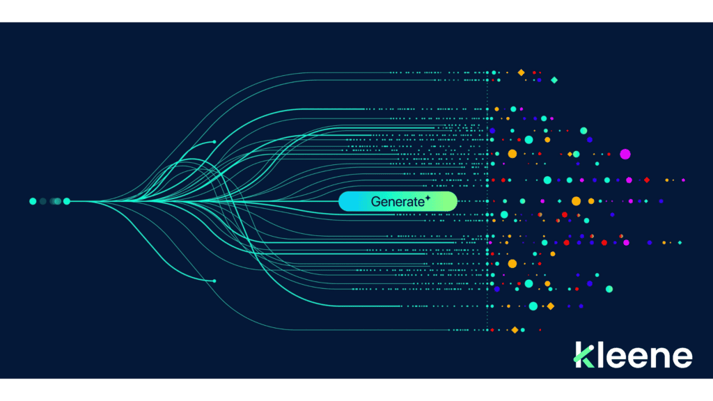 Digital network visualization with flowing cyan lines converging to "Generate" button, dispersing into colorful data points