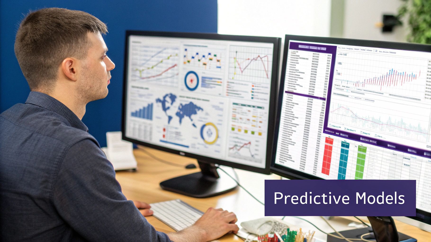 Man viewing dual monitors displaying analytics dashboards and predictive models