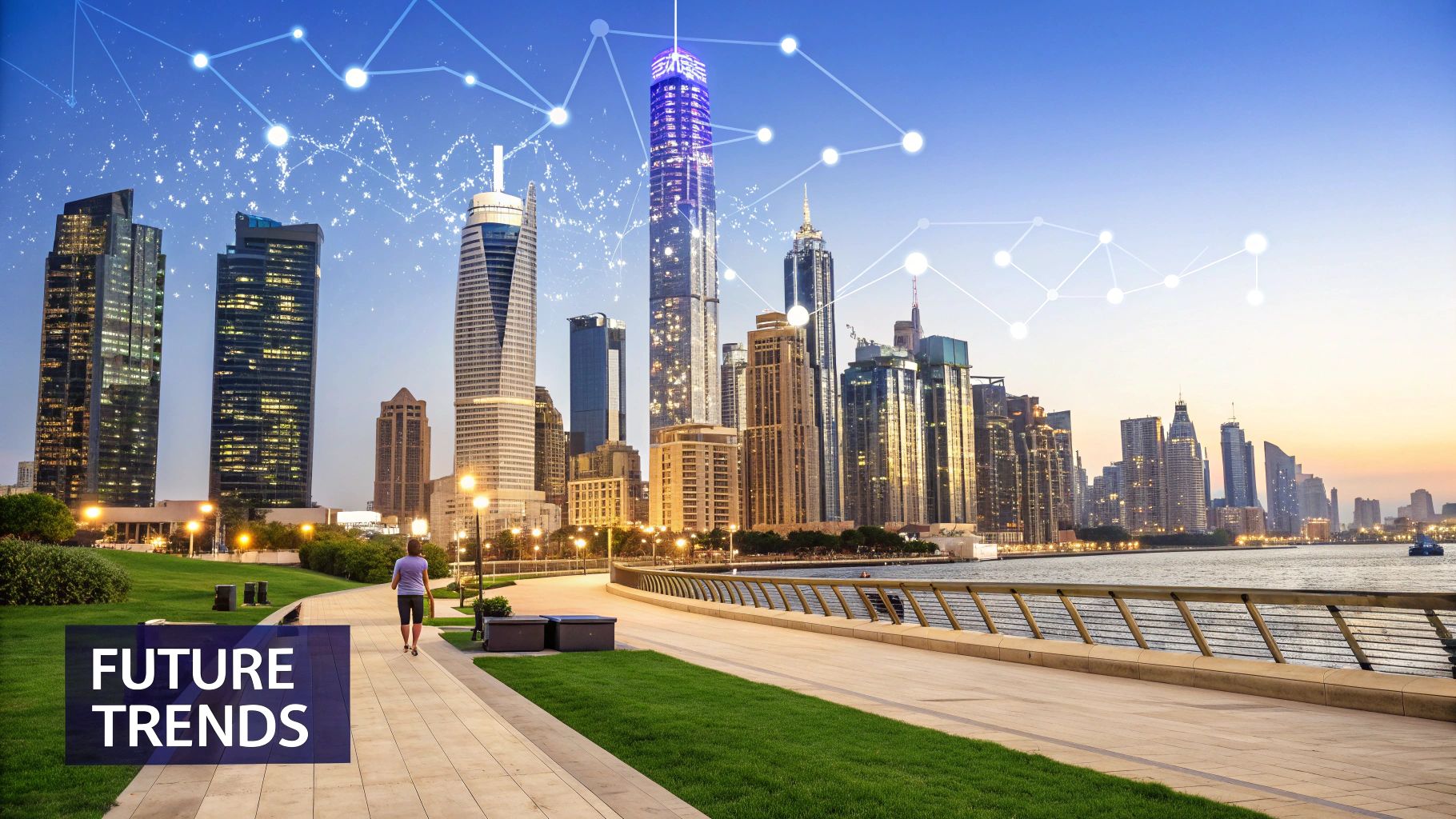 Chicago skyline with digital network overlay and "Future Trends" text on waterfront promenade.