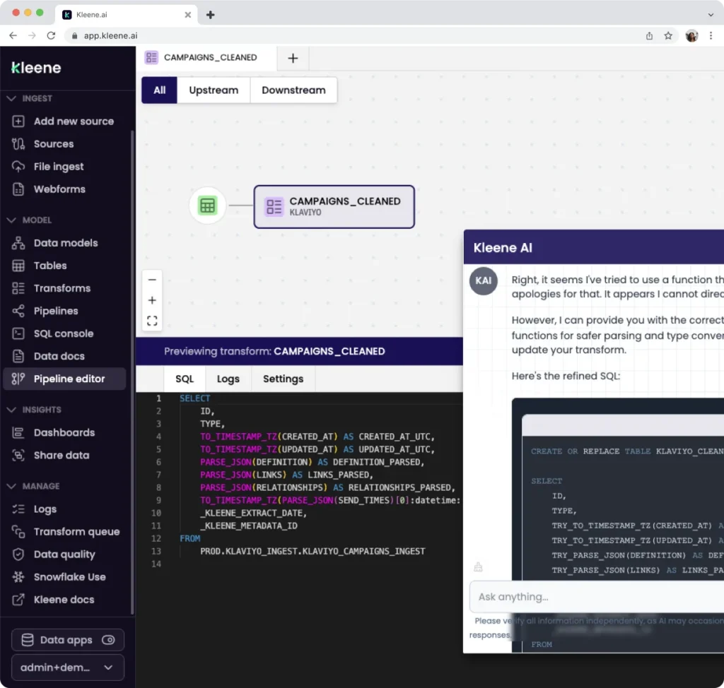 Kleene AI data platform interface showing CAMPAIGNS_CLEANED transform with SQL code preview and AI assistant chat