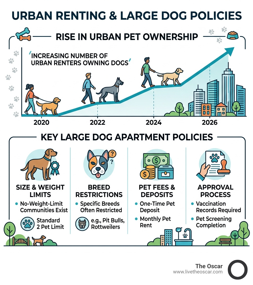 Infographic showing rise in pet ownership among urban renters and key large dog apartment policies - large dog friendly