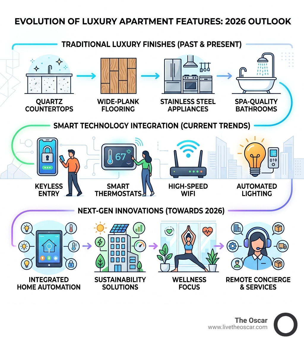 infographic showing evolution of luxury apartment features from traditional finishes to smart tech in 2026 - luxury