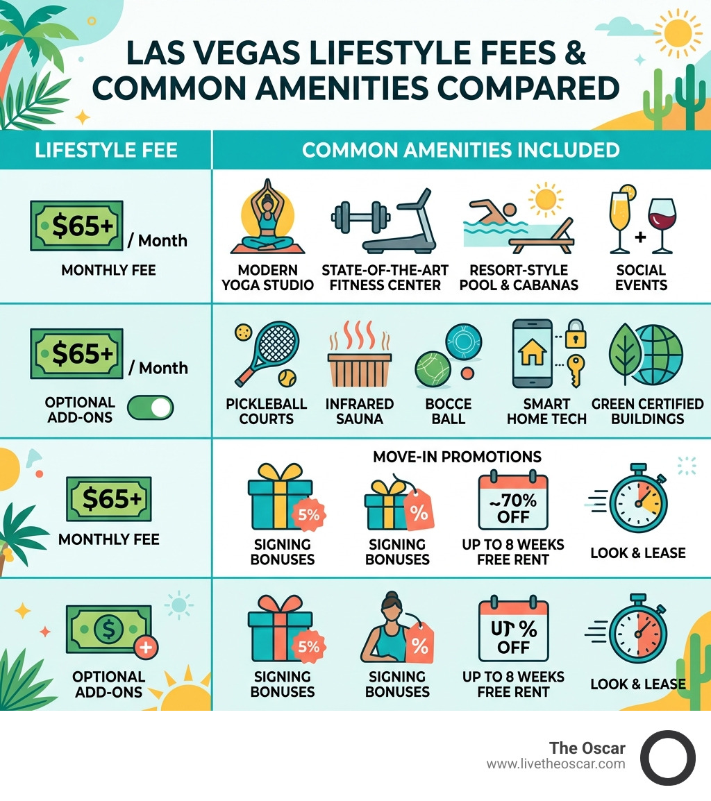 Table comparing lifestyle fees and common amenities in Las Vegas - yoga studio apartments vegas infographic 
