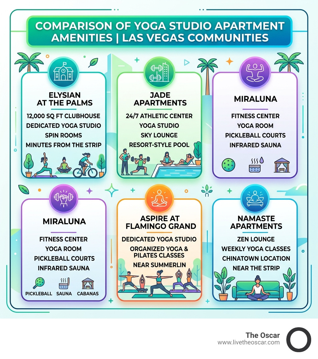Comparison of yoga studio apartment amenities across Las Vegas communities - yoga studio apartments vegas infographic 