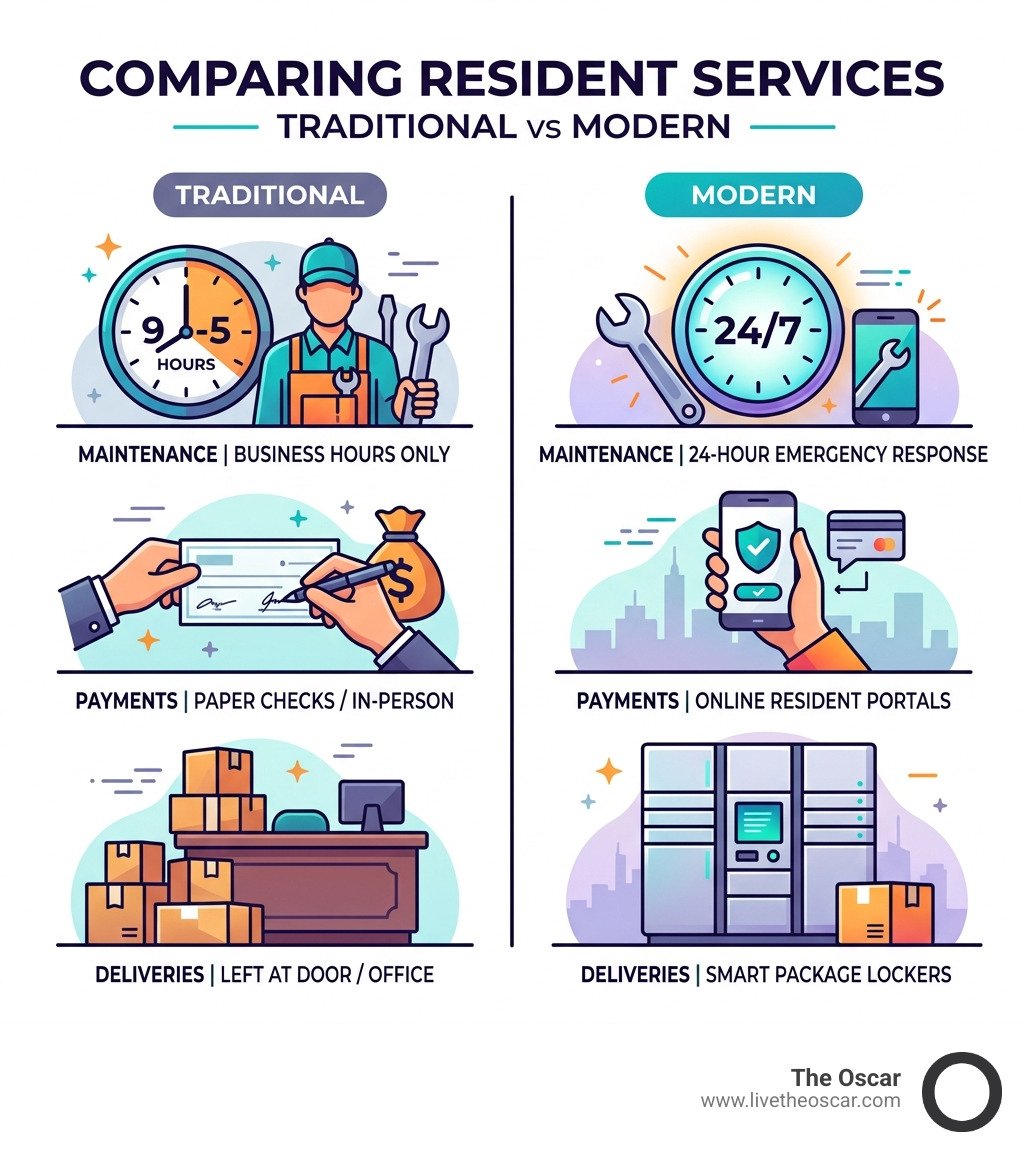 Table comparing traditional vs modern resident services - las vegas modern apartments infographic 