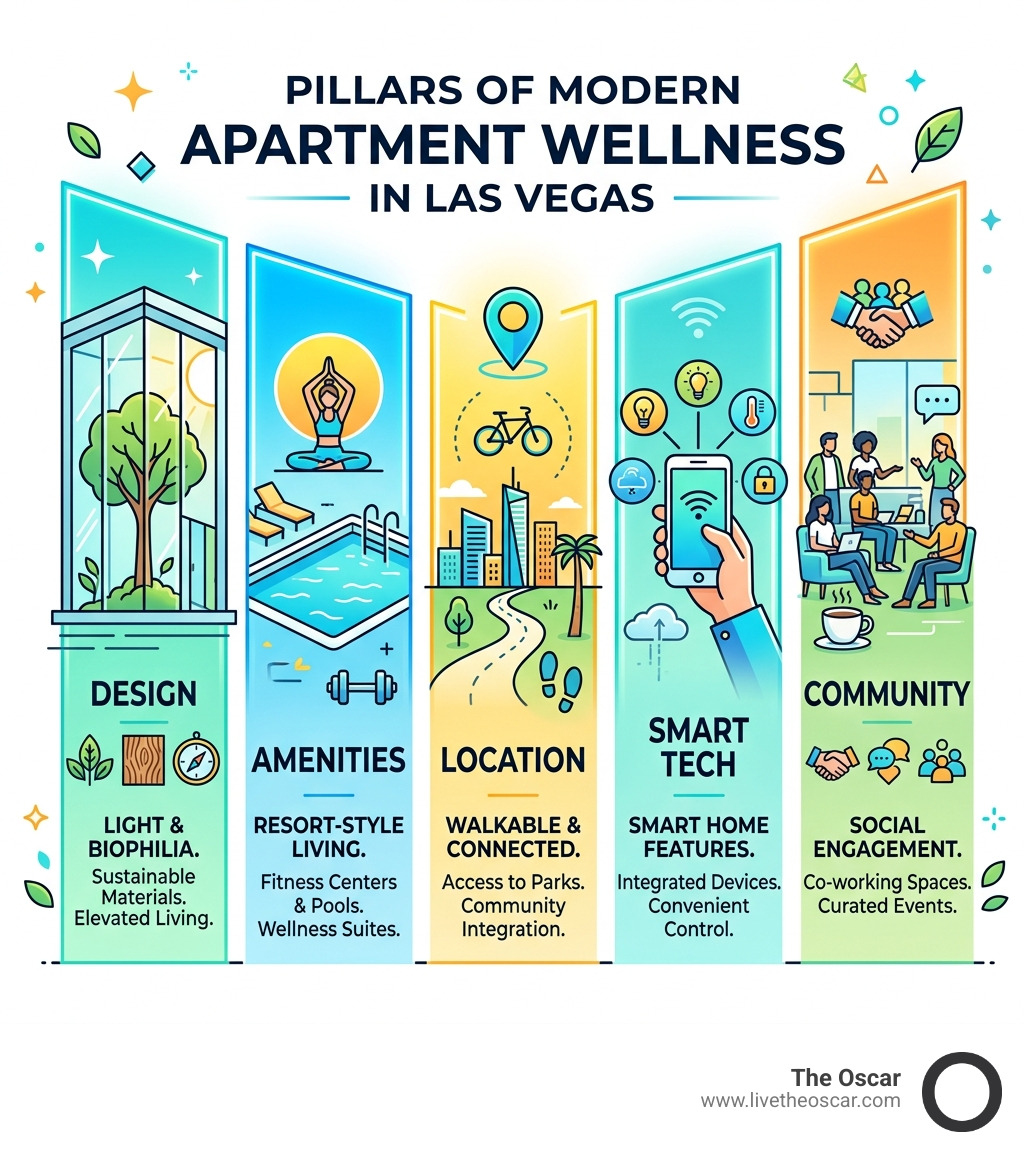 Pillars of modern apartment wellness in Las Vegas: design, amenities, location, smart tech, community - las vegas modern