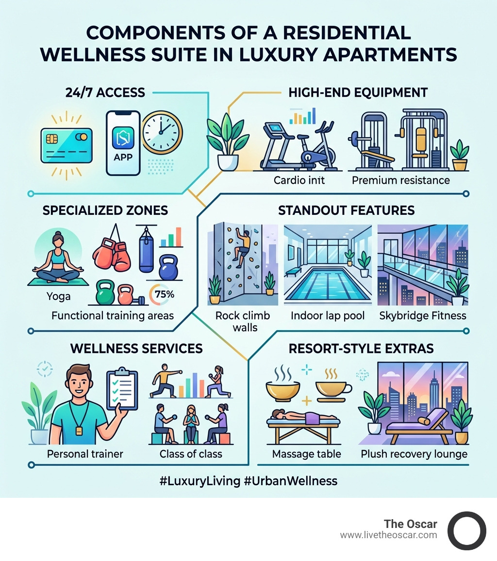 Components of a residential wellness suite in luxury apartments infographic - luxury apartment gym infographic 