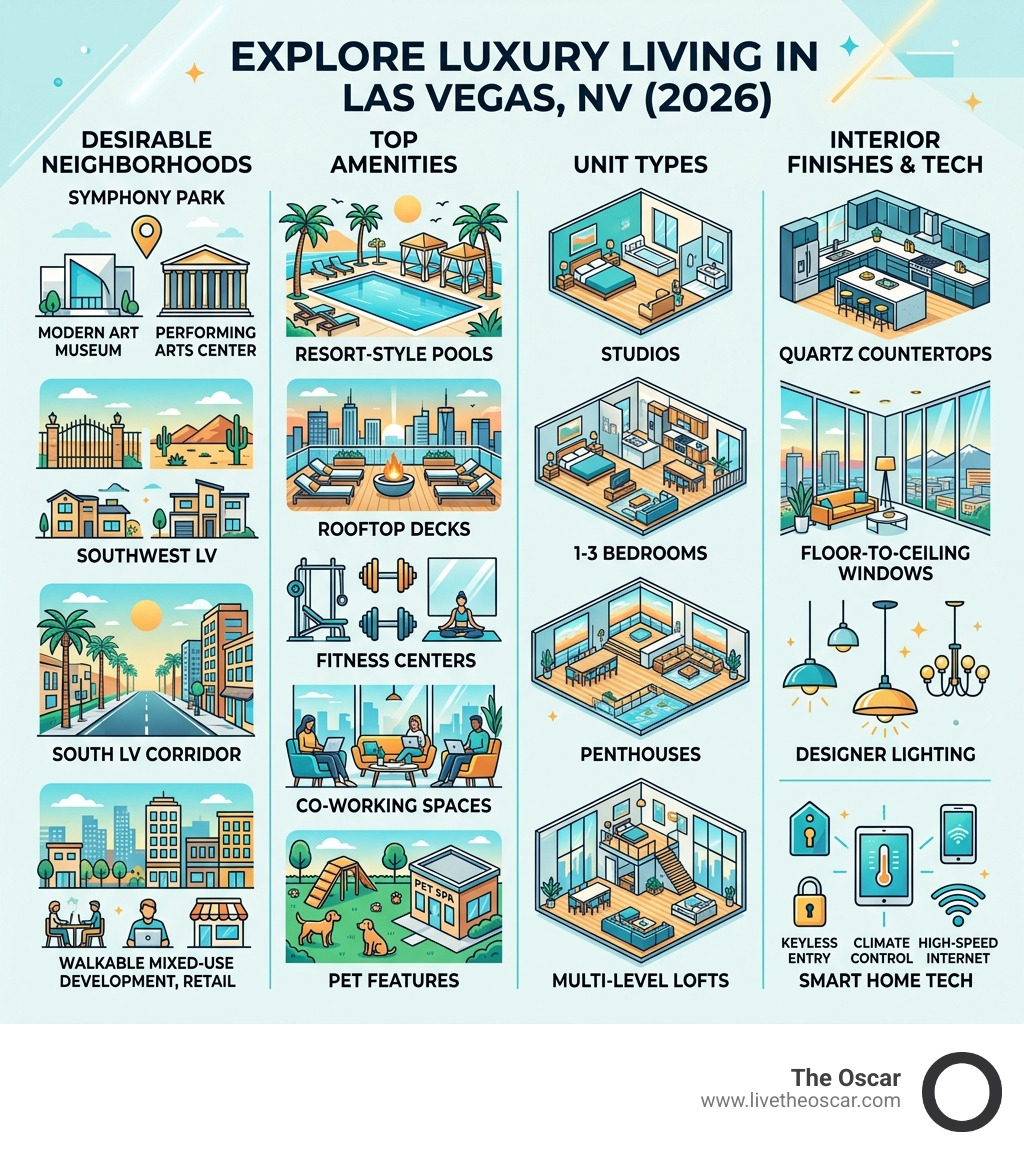 Infographic showing luxury apartment features in Las Vegas NV including neighborhoods amenities and unit types - luxury