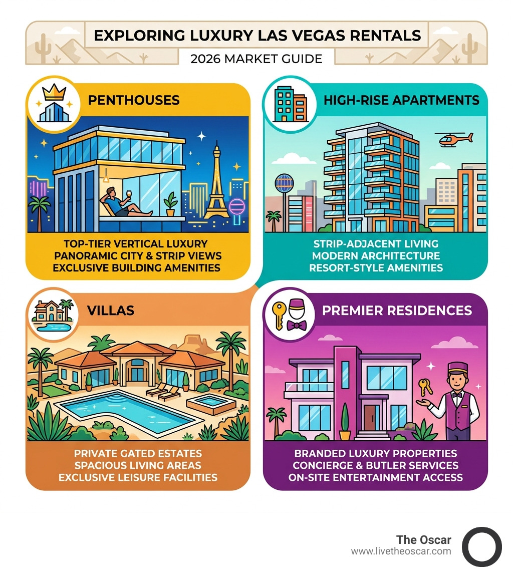 Categories of luxury Las Vegas rentals: penthouses, high-rise apartments, villas, and premier residences - luxury las vegas