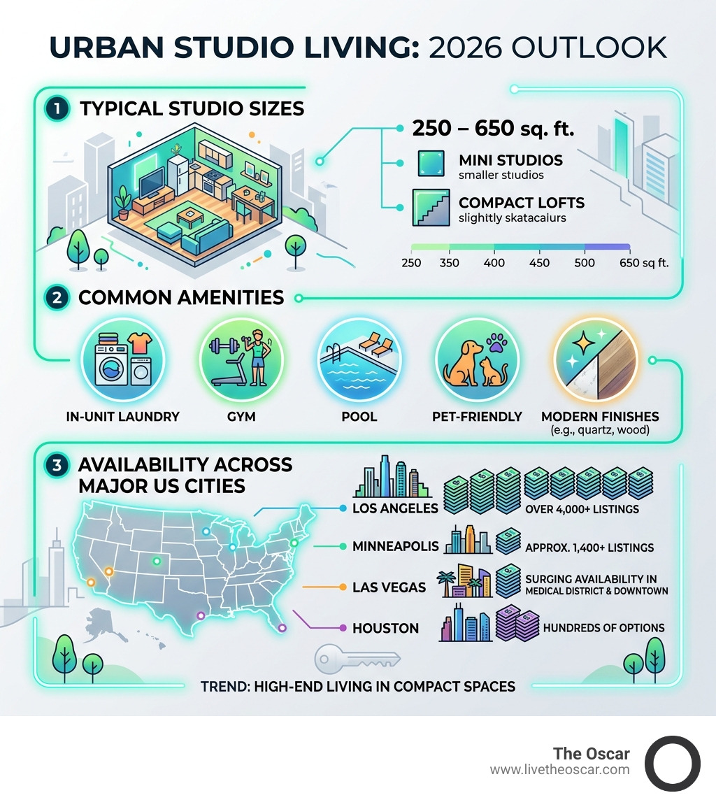infographic showing studio apartment sizes, common amenities, and availability across Las Vegas - small apartments for