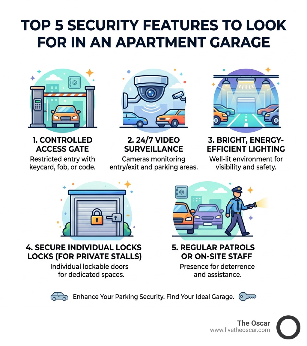Infographic showing the top 5 security features to look for in an apartment garage - apartment garages for rent infographic Infographic showing the top 5 security features to look for in an apartment garage - apartment garages for rent infographic